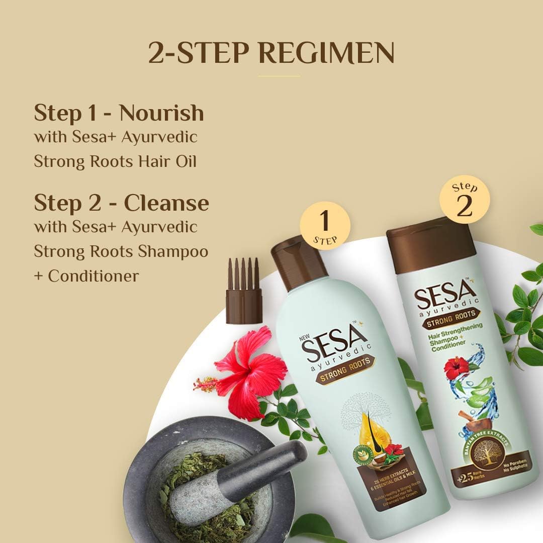 SESA Ayurvedic Strong Roots Hair Shampoo & Conditioner Set - 200ml Paraben & Sulfate Free for Men & Women - Strengthens Hair Roots, Nourishes Scalp - Perfect for Daily Hair Care & Scalp Treatment
