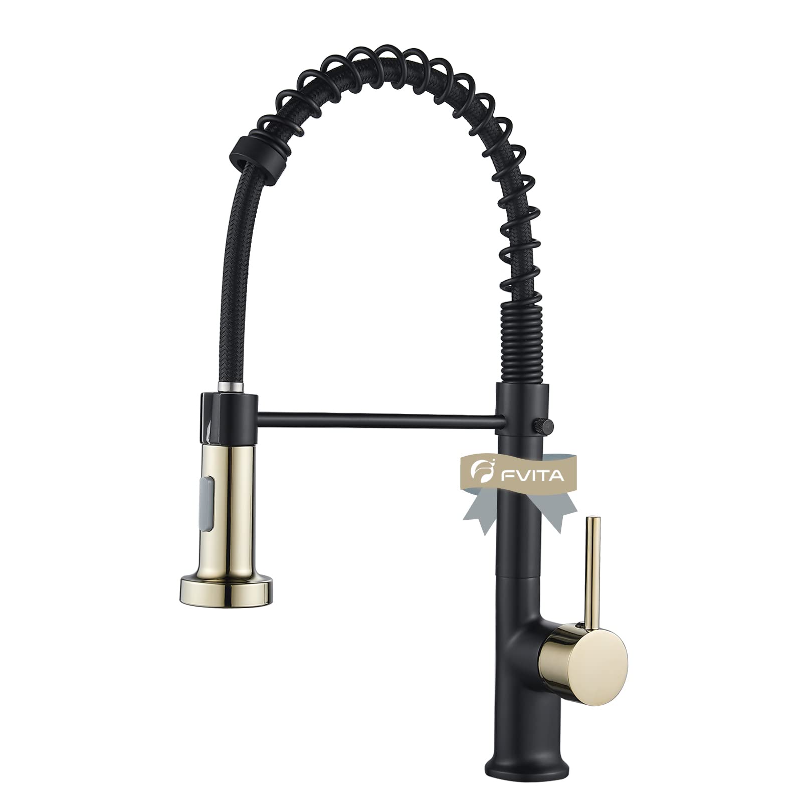 FVITA Black and Gold High Arc Kitchen Faucet with Pull Down Sprayer - Lead-Free Solid Brass Single Handle Spring Sink Faucet for Modern Farmhouse & Luxury Home Kitchen Renovation