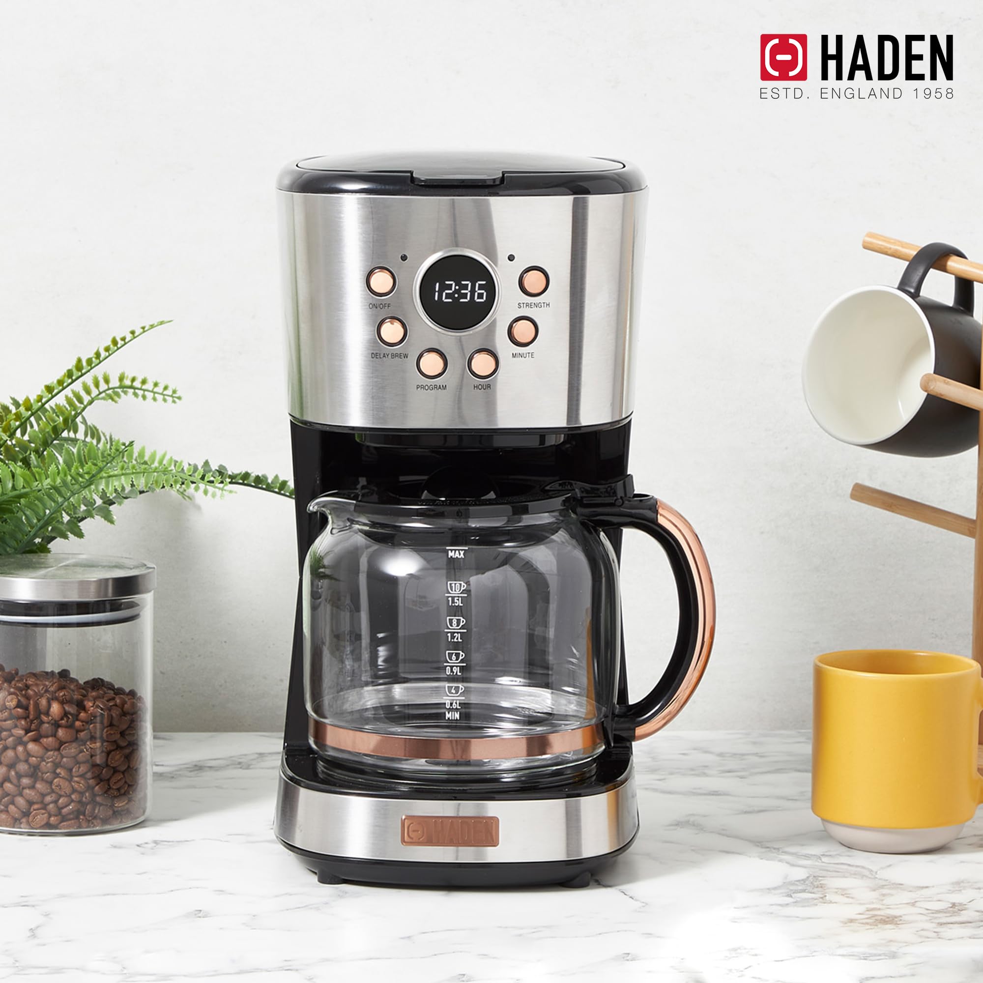 Haden 12 Cup Programmable Drip Coffee Maker with Auto Shut-Off & Reusable Filter - Stainless Steel & Copper Finish - Perfect for Home, Office or Restaurant Use