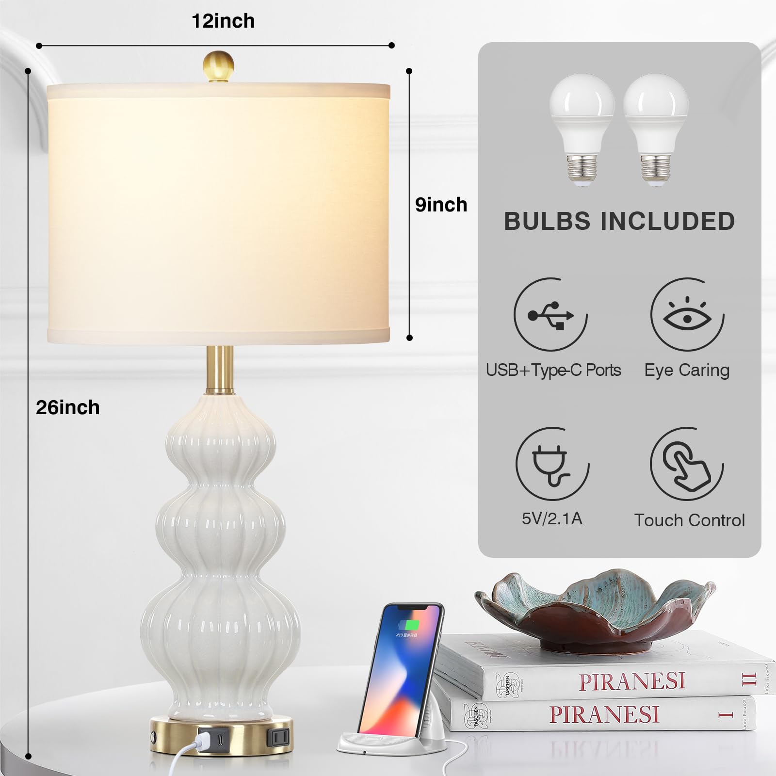 Modern Triple Gourd Ceramic Table Lamps Set of 2 - White USB Bedside Lamps with USB A+C Ports & AC Outlet, 3-Way Touch Control Nightstand Lighting for Bedroom, Living Room, Office - Perfect for Reading, Working & Home Decor
