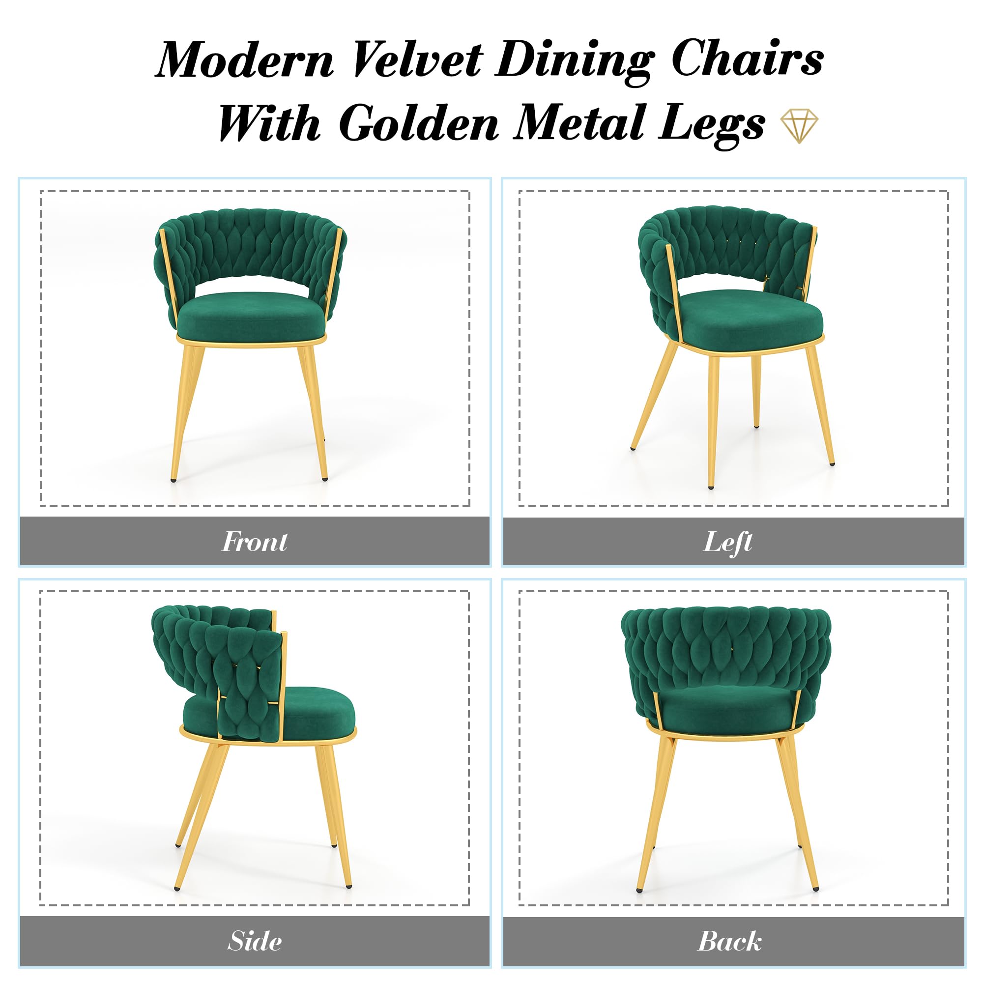 **KCC Velvet Dining Chairs Set of 2 - Modern Gold Upholstered Chairs with Metal Legs for Dining Room, Kitchen, Living Room & Vanity - Soft Woven Fabric, Elegant Green - Perfect for Home Decor, Entertaining & Small Spaces**
