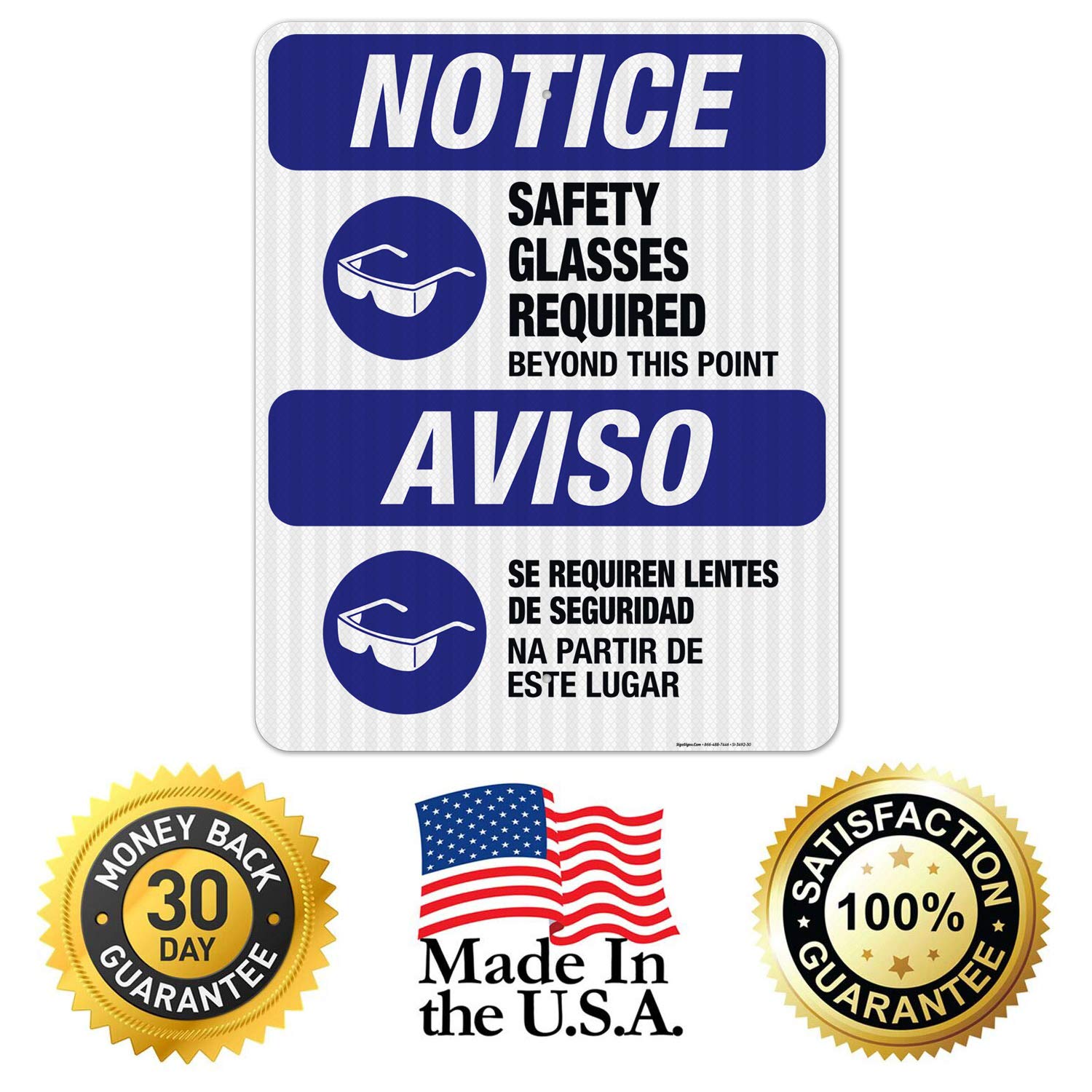 OSHA Approved Safety Glasses Required Beyond This Point Bilingual Sign - 24x30 Inches Reflective Aluminum Safety Sign for Construction Sites & Work Zones - Durable 3M EGP .080 Aluminum, Fade Resistant - Perfect for Factories, Warehouses & Hazardous Areas - Made in USA