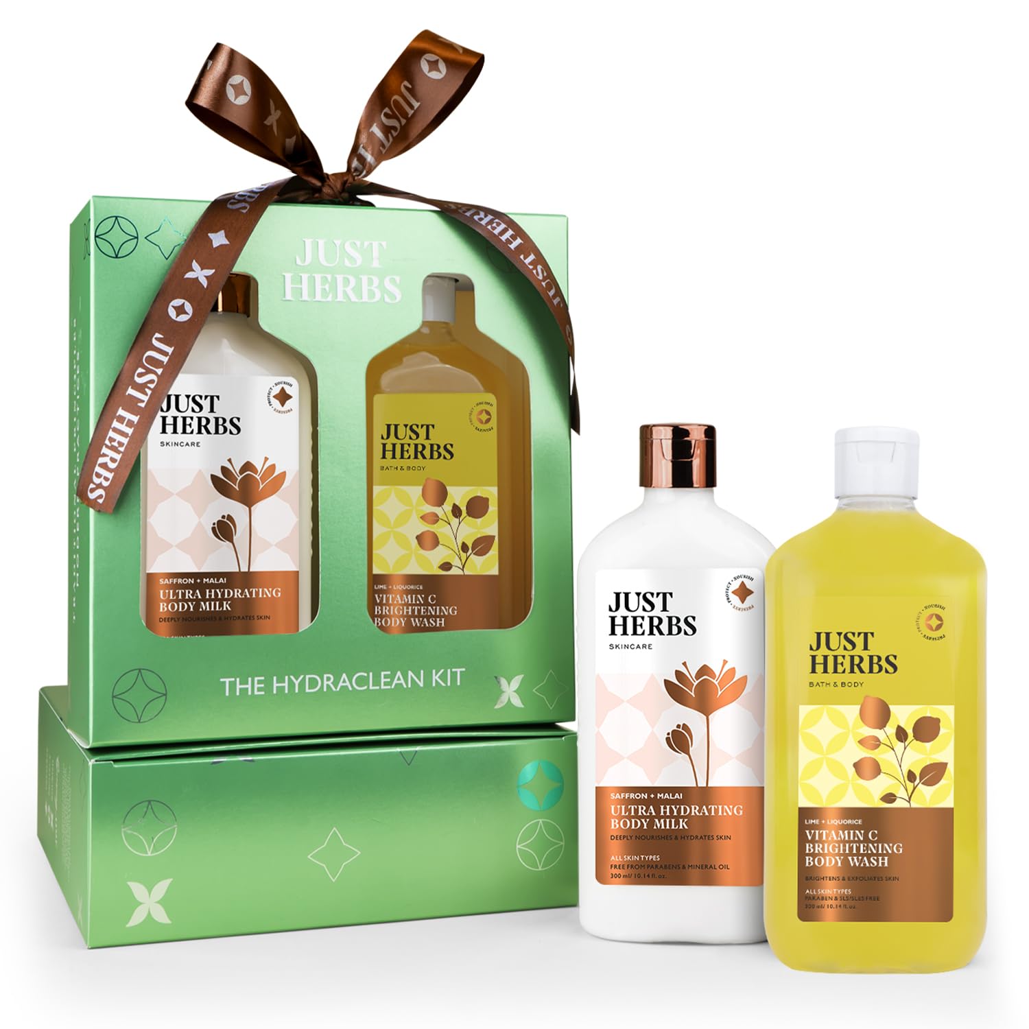 Just Herbs Saffron Malai Body Milk & Charcoal Body Wash Gift Set - Detox & Hydrate Hydraclean Kit for Men & Women (2 x 300ml) | Perfect for Spa Day, Self-Care Routine & Gifting
