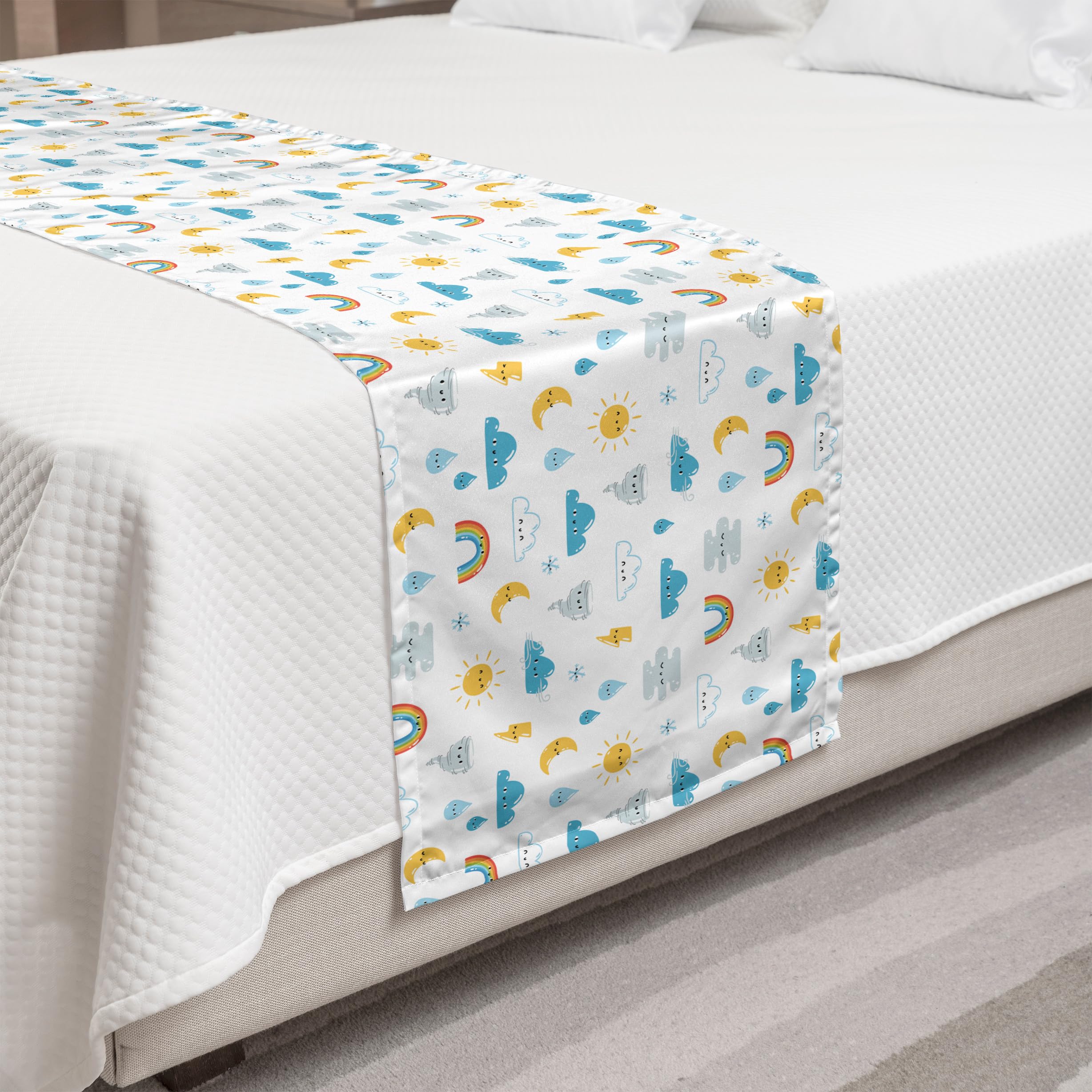 Ambesonne Sun Bed Runner - Funny Weather Clouds Moon Rainbow Print Decorative Accent Bedding Scarf for King Size Beds | White Multicolor Design | Perfect for Hotels, Homes & Guestrooms | Adds Whimsical Charm to Bedroom Decor