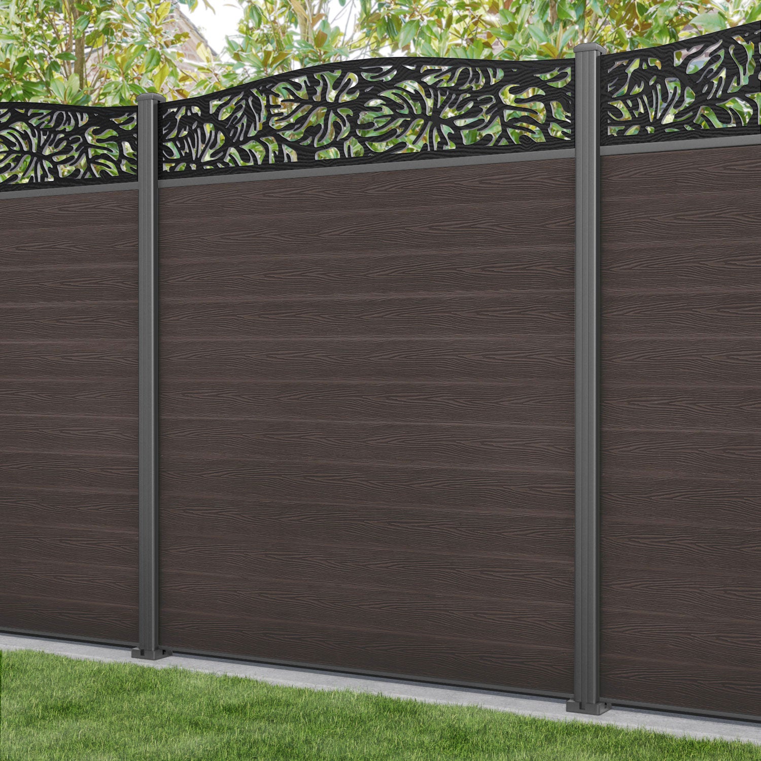 Classic Botanic Curved Top Fence Panel - Mid Brown Wooden Garden Fence with Aluminum Posts for Backyard Privacy & Decoration | Outdoor Landscaping, Patio, Yard Boundary Solution