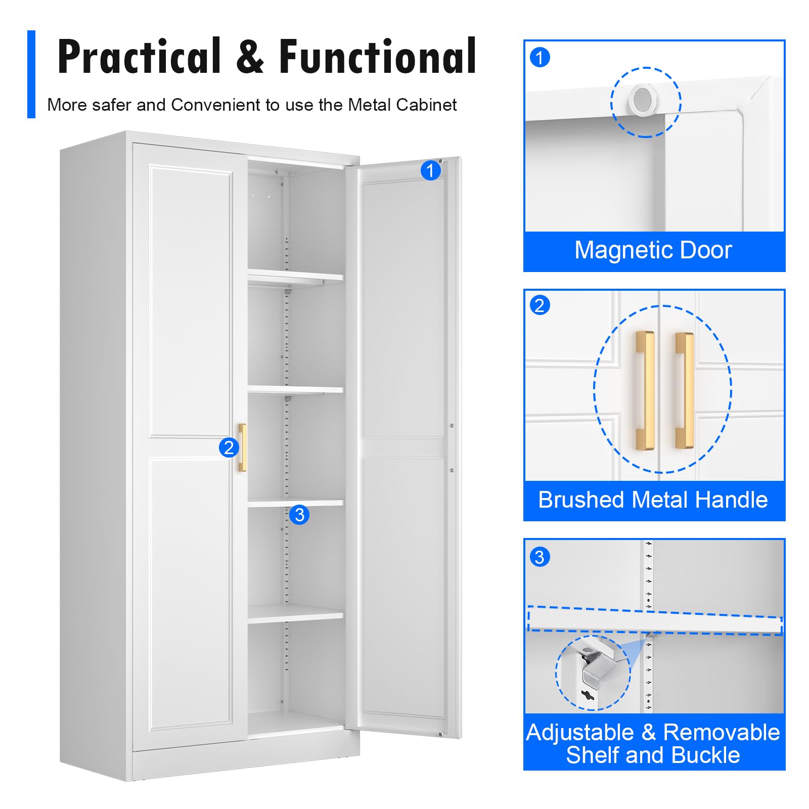 White Kitchen Pantry Cabinet with Adjustable Shelves & Doors - 71