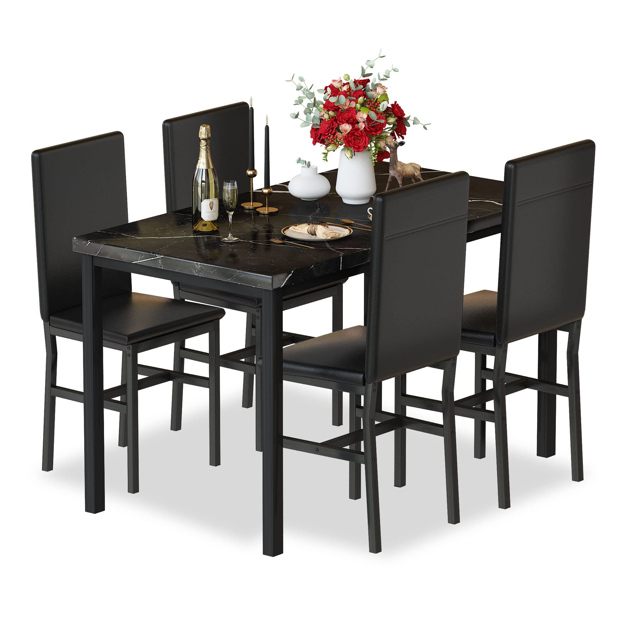 5-Piece Faux Marble Dining Table Set for 4 with Upholstered PU Chairs - Modern Kitchen & Dining Room Furniture for Small Spaces, Dinette, Apartments & Compact Homes - Durable Marble-Look Tabletop for Everyday Meals & Entertaining