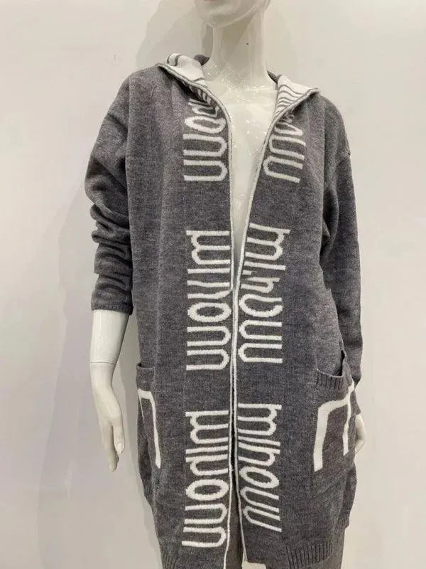 Women's Long Hooded Cardigan with Letter Print - Cozy Fall & Winter Outerwear for Casual Outfits and Layering