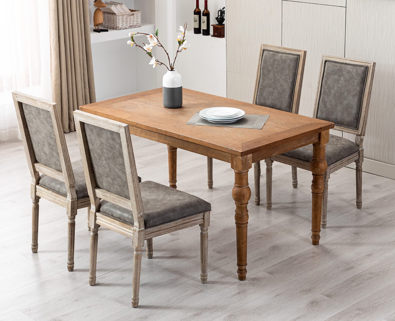 Kmax French Dining Chairs Set of 4 - Modern PU Leather Upholstered Square Back Grey Kitchen Chairs for Dining Room, Farmhouse, Restaurant & Home Decor