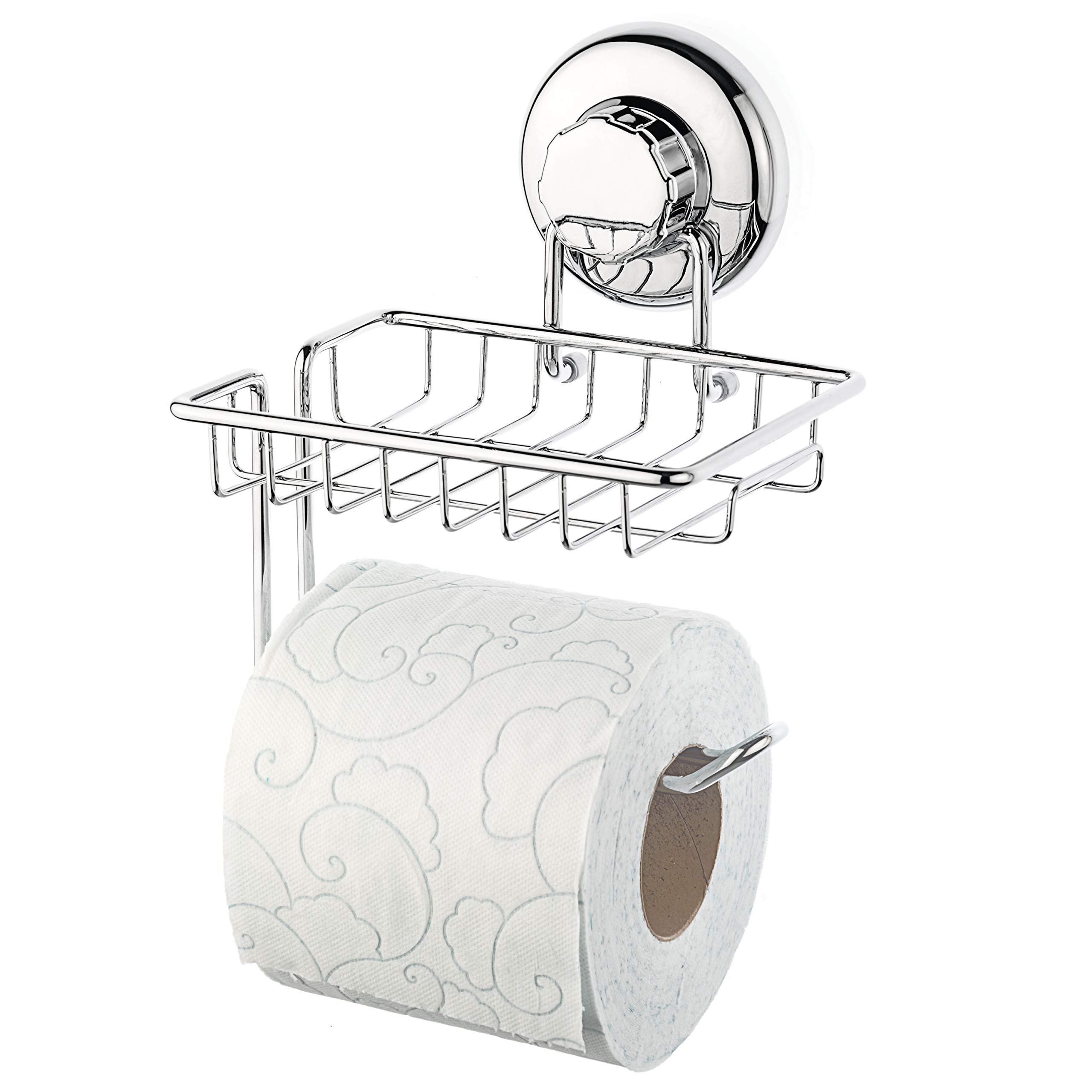 Stainless Steel SS304 Suction Cup Toilet Paper Holder with Shelf - Wall Mount Bathroom & Kitchen Tissue Roll Dispenser (Chrome Finish) | Space-Saving Storage for Small Bathrooms, RVs & Apartments
