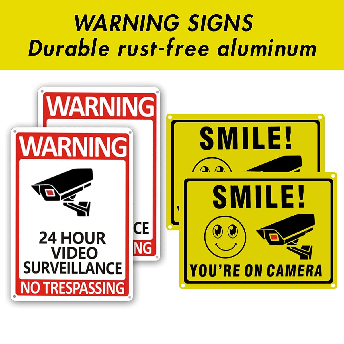 **4 Pack Fake Security Camera with No Trespassing Signs - Dummy Surveillance Camera with Realistic LED Red Light & Warning Stickers - Indoor/Outdoor Use for Home, Yard, Garage, Office (Set of 8)**