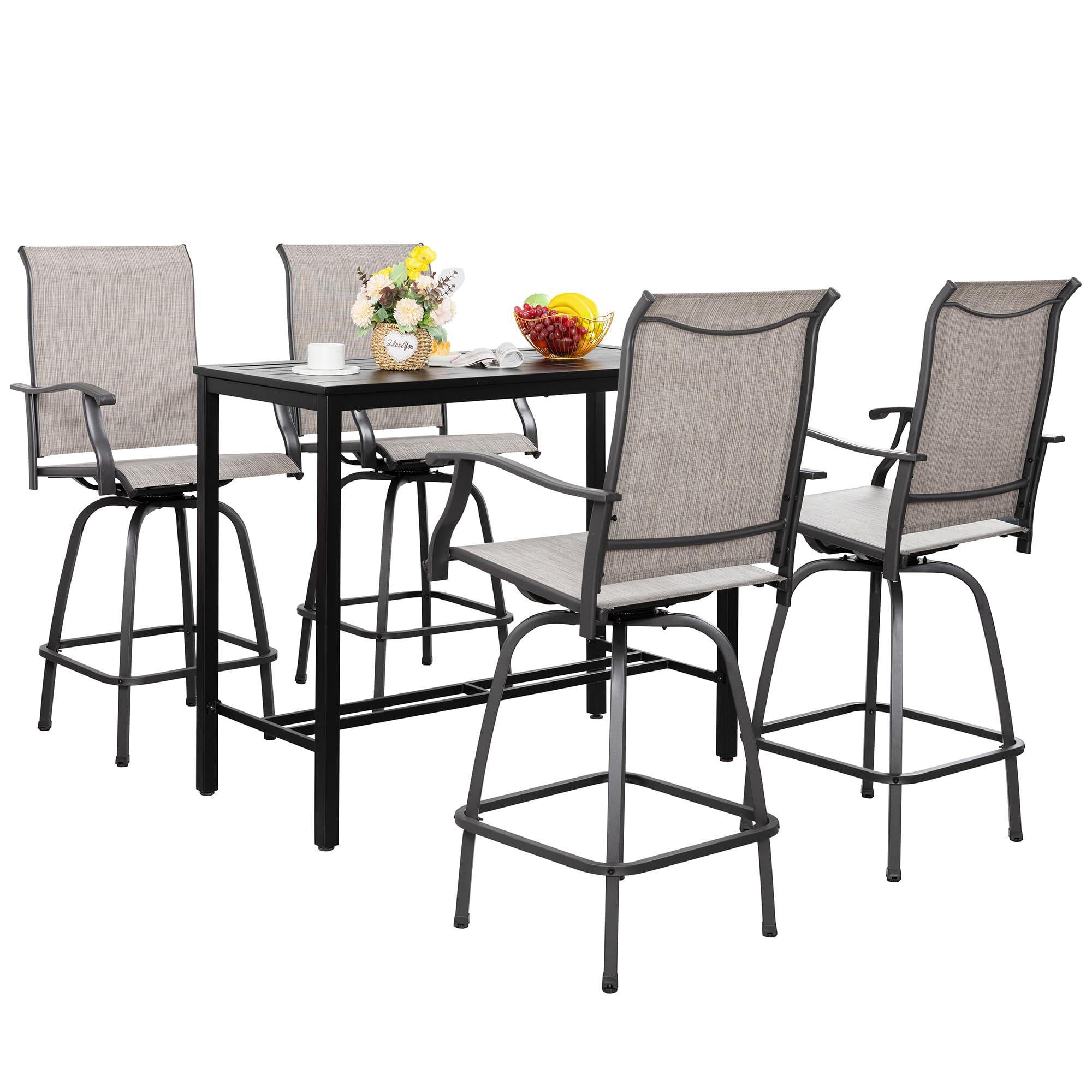 Vongrasig 5-Piece Outdoor Patio Bar Set with Swivel Bar Stools & Glass Table - All-Weather Wicker & Textilene High-Top Bistro Set for Garden, Lawn, Deck or Poolside (Taupe) - Perfect for Backyard Entertaining & Outdoor Dining