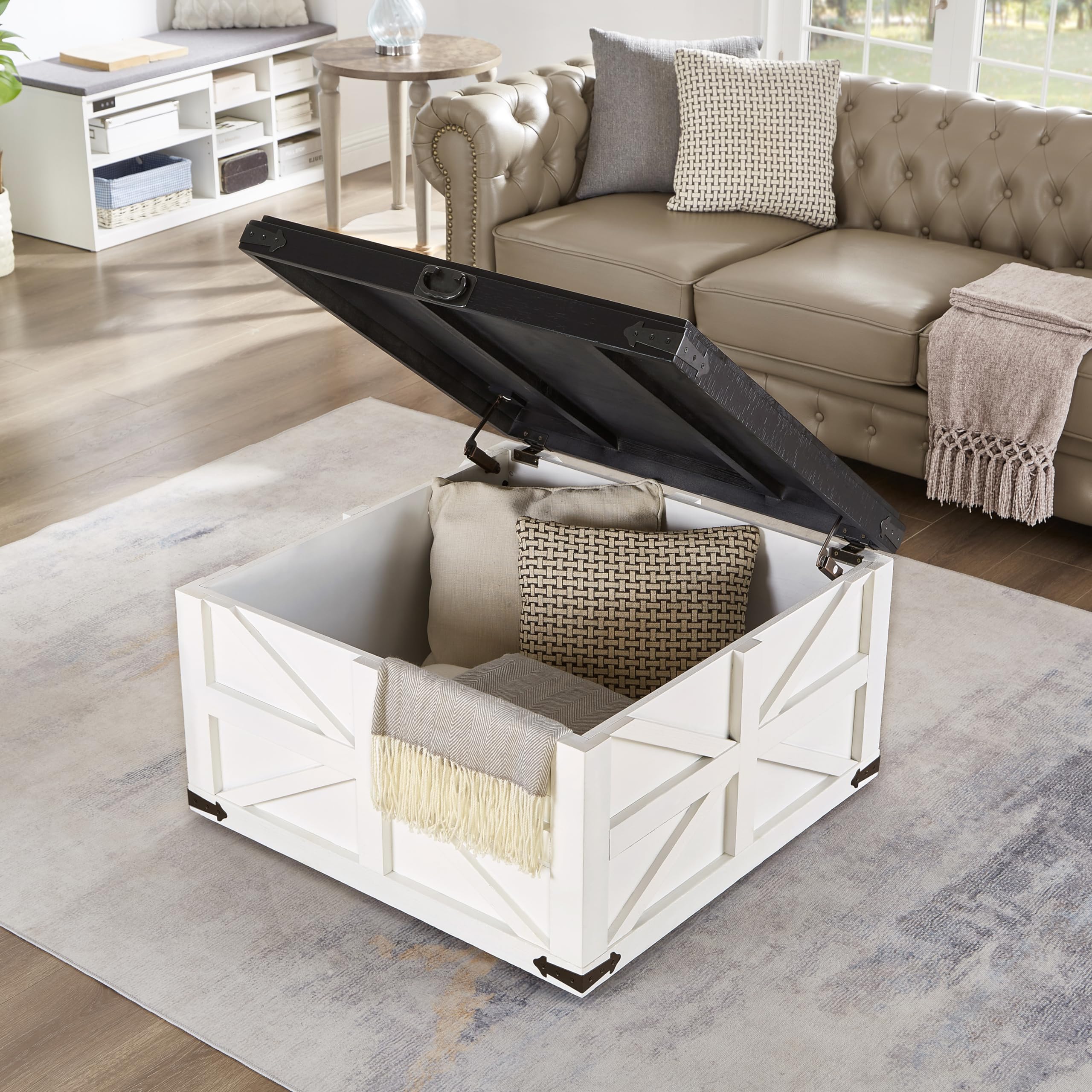 Rustic Square Wood Coffee Table with Hidden Storage - 31.5