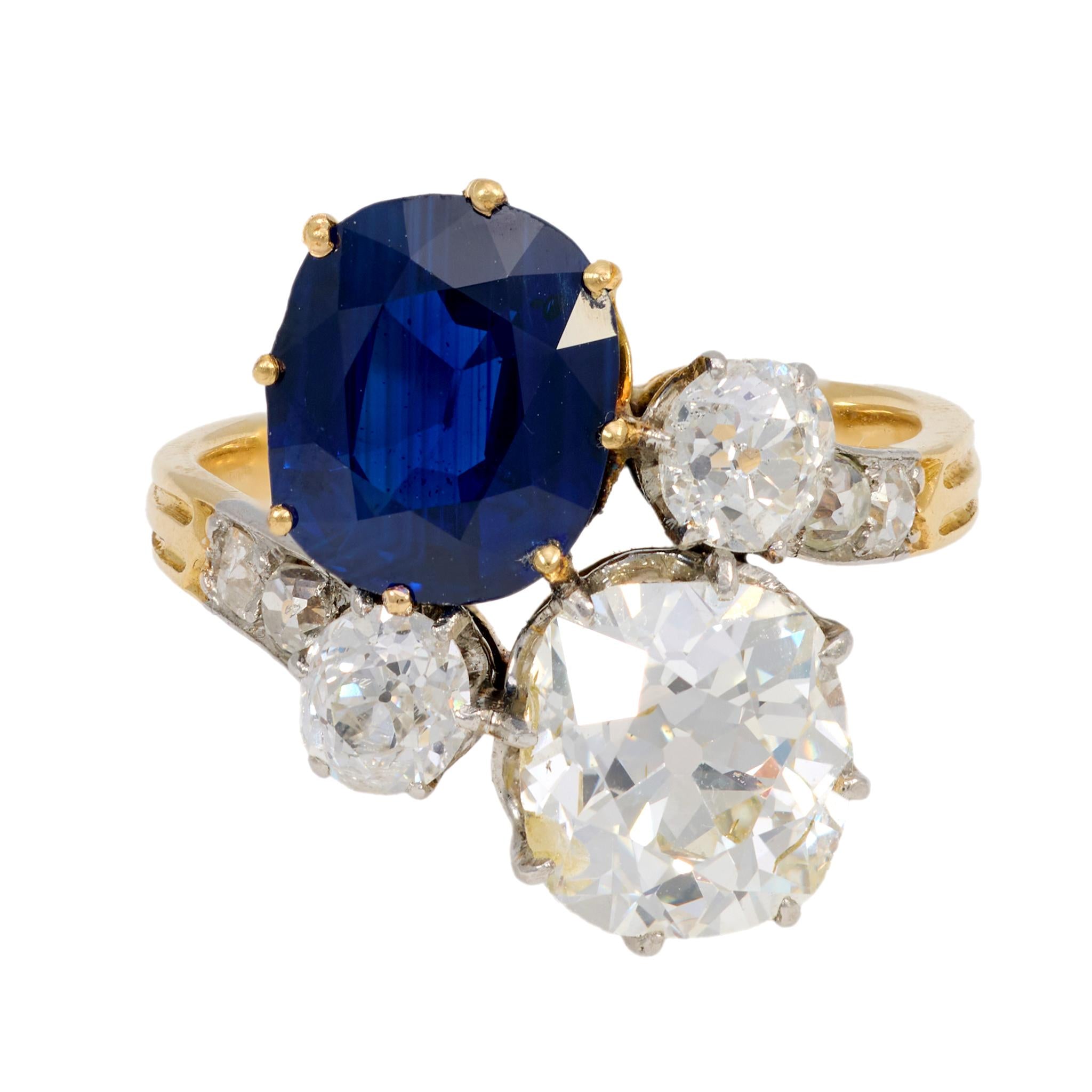 3.42 Carat French AGL Certified No Heat Sapphire & Diamond Toi et Moi Ring in 18K Yellow Gold - Elegant Engagement, Anniversary or Gift Jewelry for Women