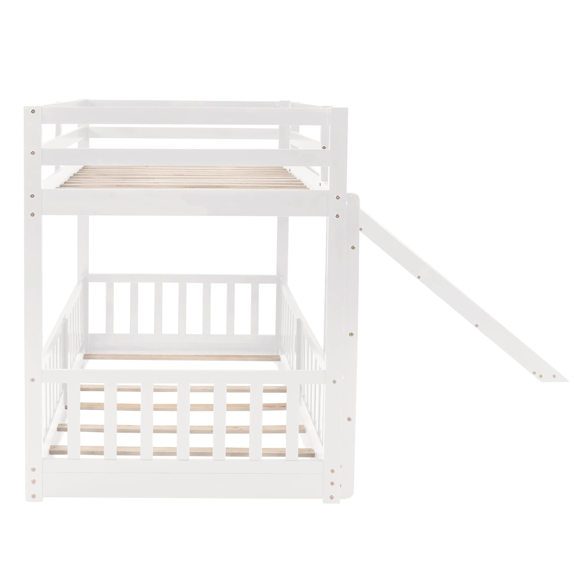 SOFTSEA Twin Over Twin Low Bunk Bed with Slide - Kids Wooden Bunk Bed with Safety Fence, Floor Bottom Bed & Wood Slats | Perfect for Small Rooms, Shared Kids Bedrooms & Play Areas