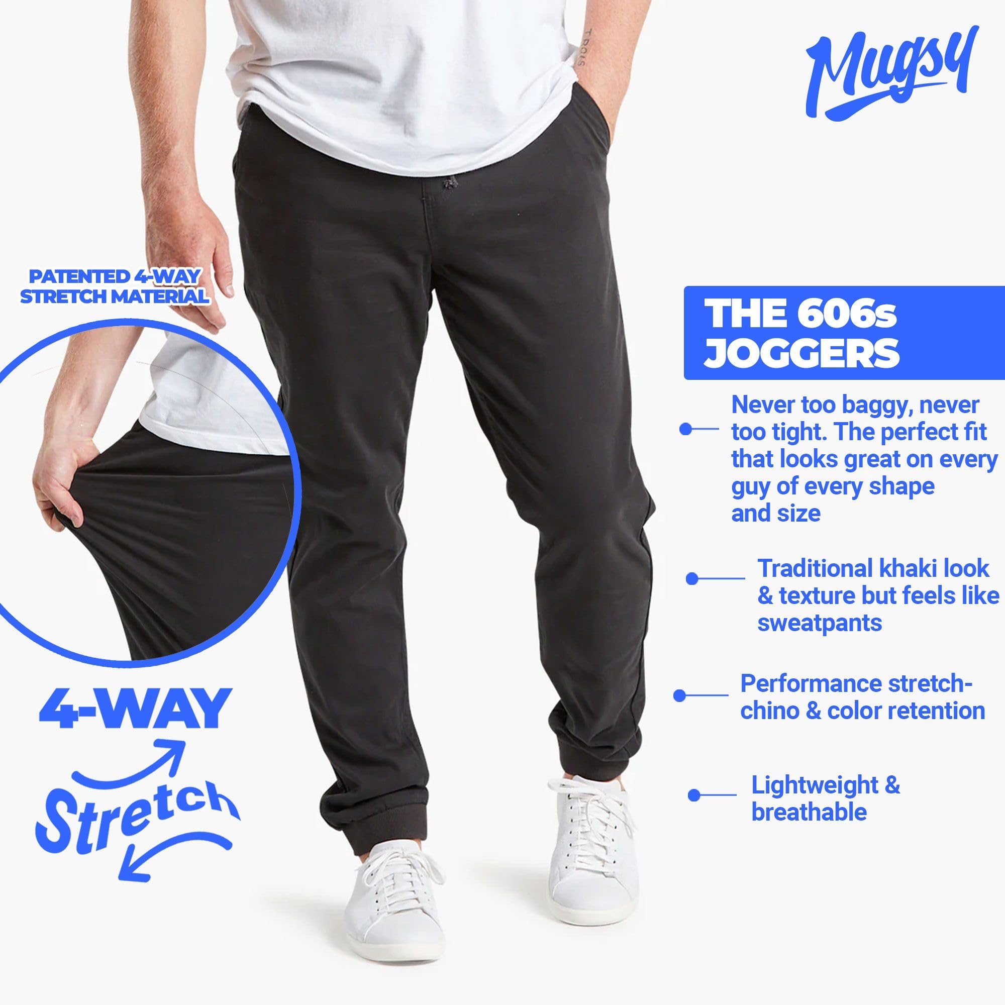 Mugsy Men’s Stretch Khaki Joggers - Classic Fit Chino Pants for Men | Comfortable & Flexible Casual Wear | True to Size | Perfect for Work, Travel & Everyday Use