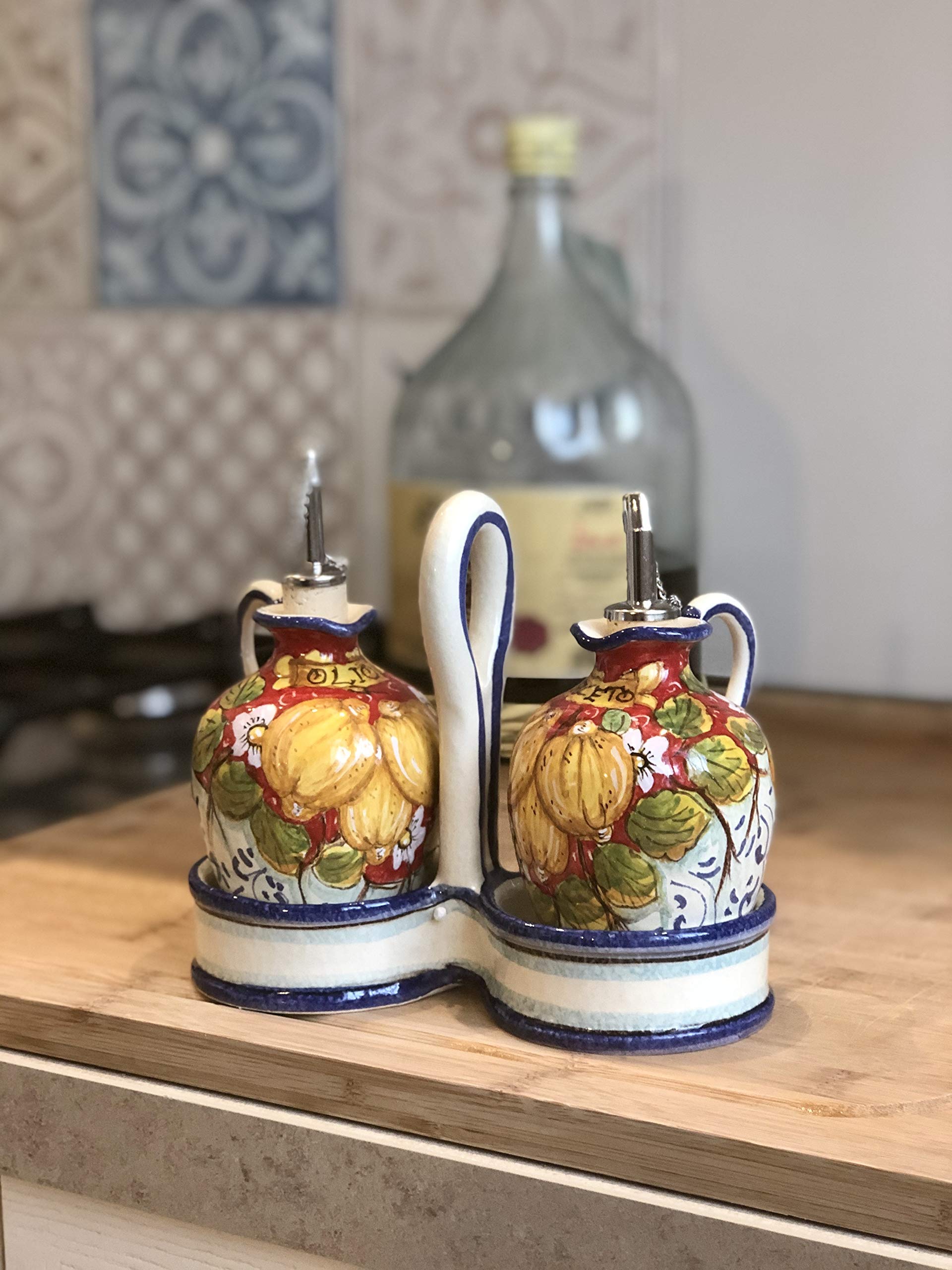 Italian Hand-Painted Ceramic Oil and Vinegar Cruet Set - Tuscan Art Pottery with Red Lemons Design, Made in Italy | Perfect for Kitchen, Dining Table, and Italian-Themed Decor