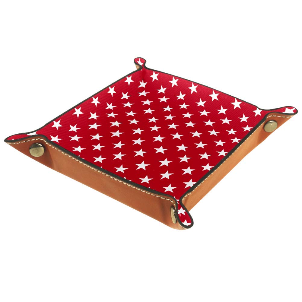 Desktop Organizer Tray & Jewelry Storage - White Stars on Red Pattern Catchall Tray for Keys, Coins, Makeup | Perfect for Bedside, Vanity, Dresser & Office Organization