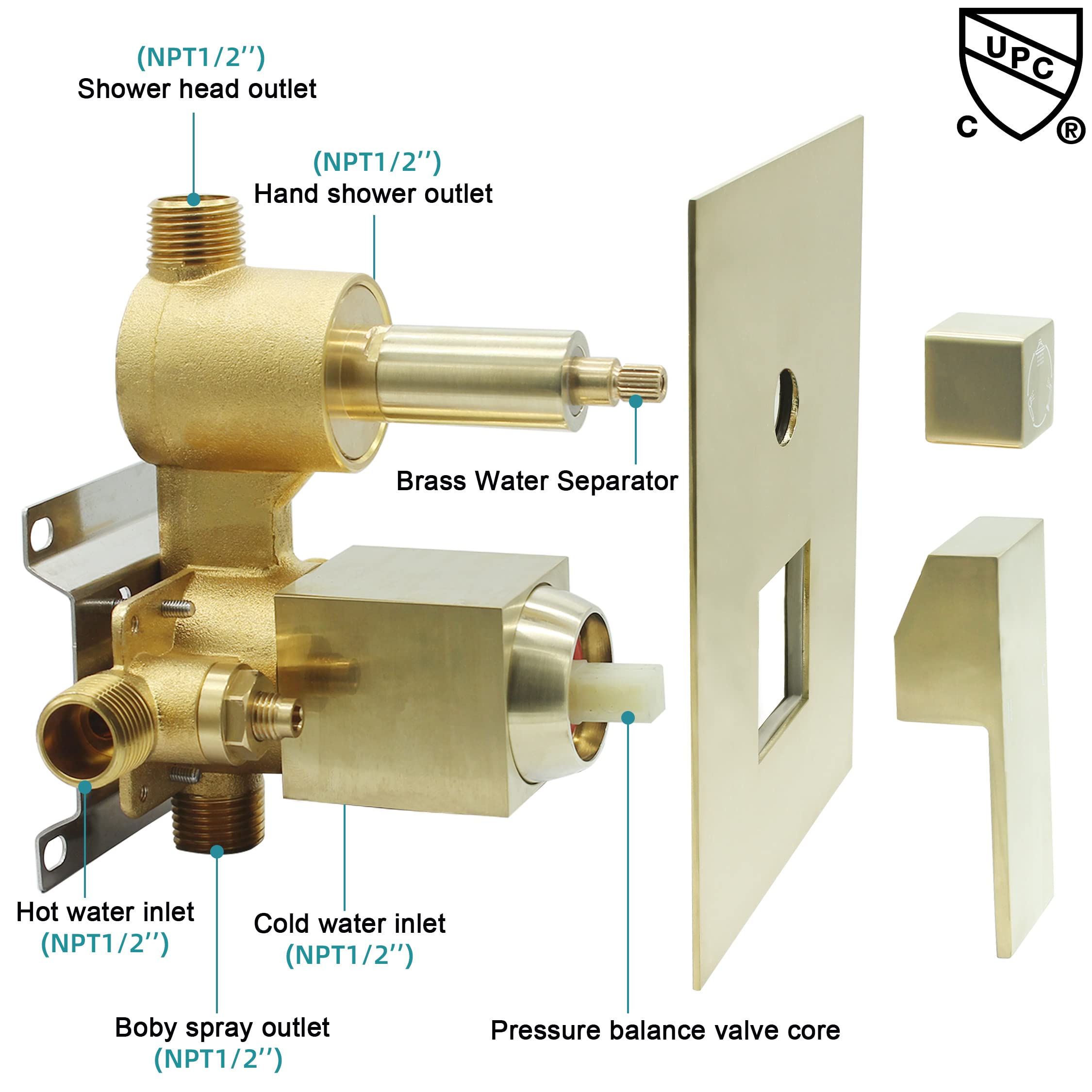 Brushed Gold 3-Way Shower Valve - Concealed Brass 3-Outlet Diverter Valve with Flow Control - Mixer Rough-In Shower Valve Kit for Bathroom, Spa, and Luxury Shower Systems