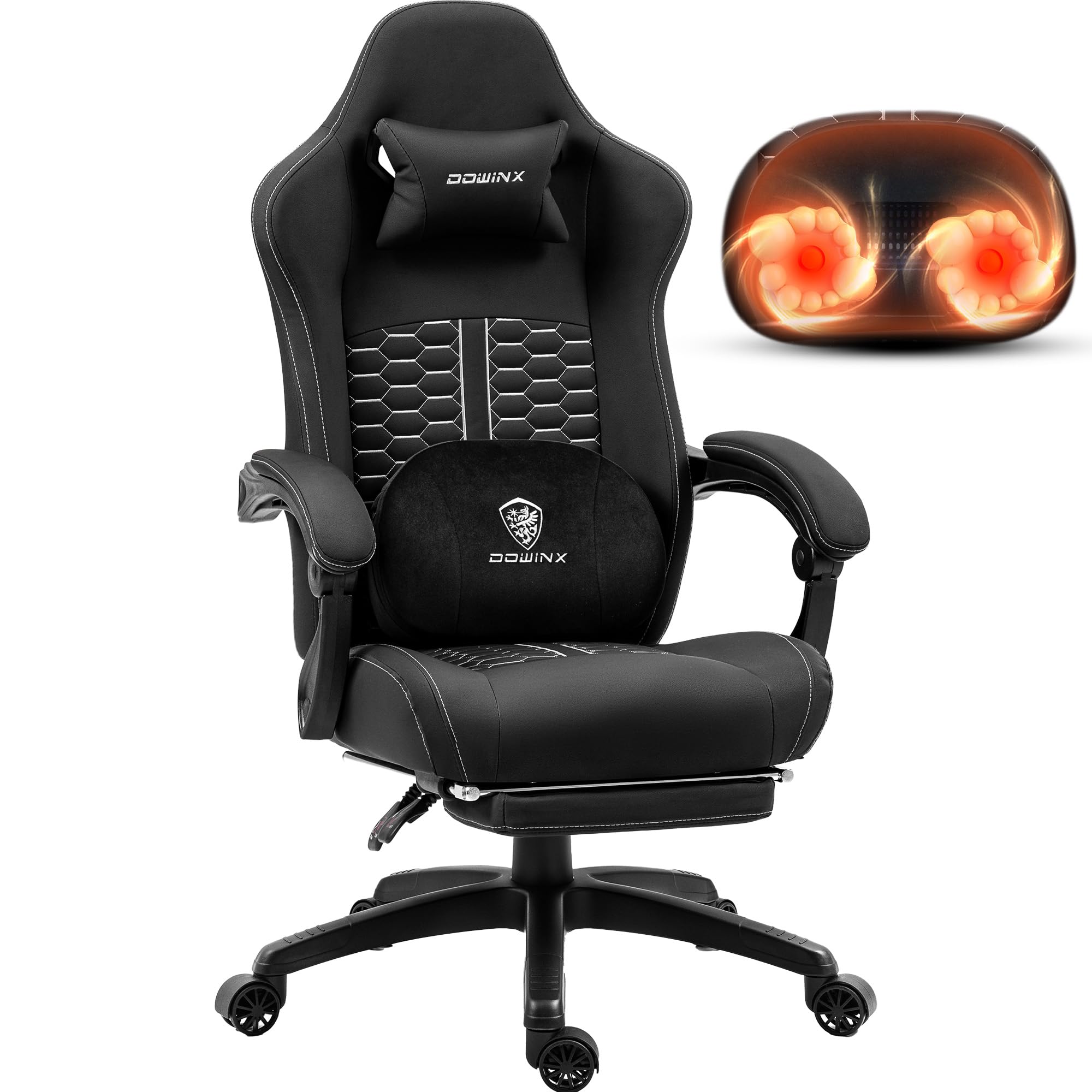 Dowinx Ergonomic Gaming Chair with Heated Massage & Lumbar Support - Reclining PC Office Chair with Pocket Spring Cushion & Footrest - High Back Computer Chair for Adults (330lbs Capacity, Black) - Perfect for Esports, Streaming & Home Office Work