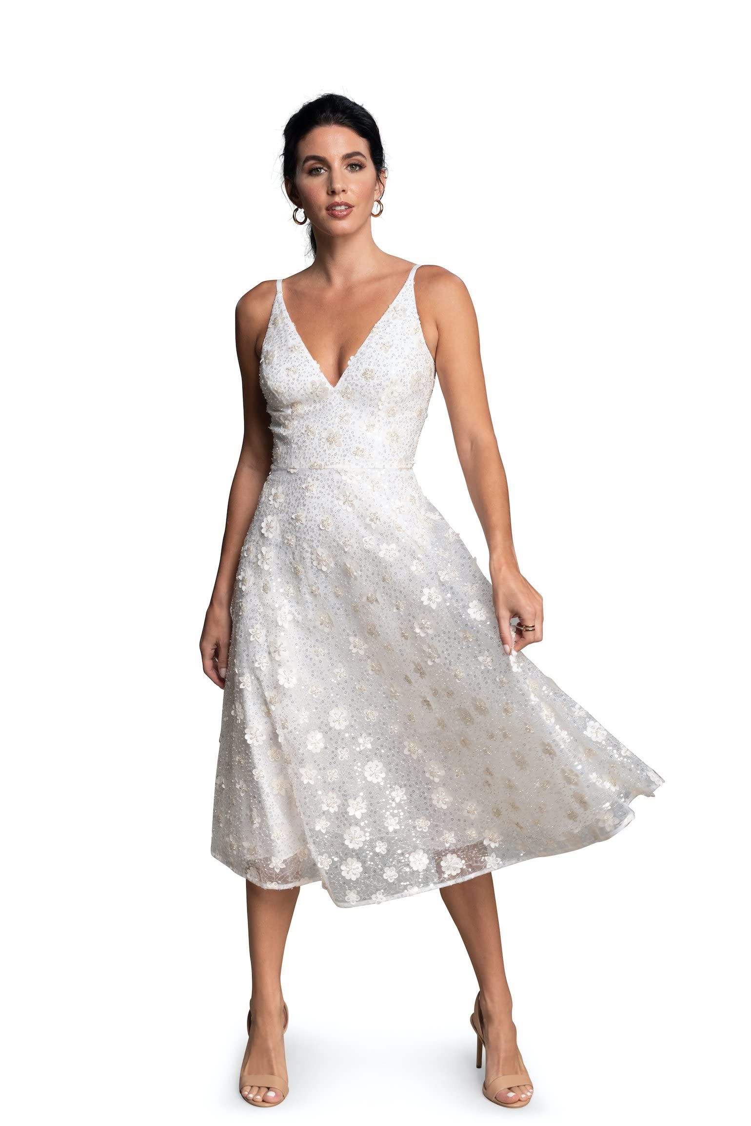 Dress the Population Women's Elisa Sleeveless Plunge Neckline Fit & Flare Midi Dress - Elegant Cocktail Party & Wedding Guest Dress for Special Occasions