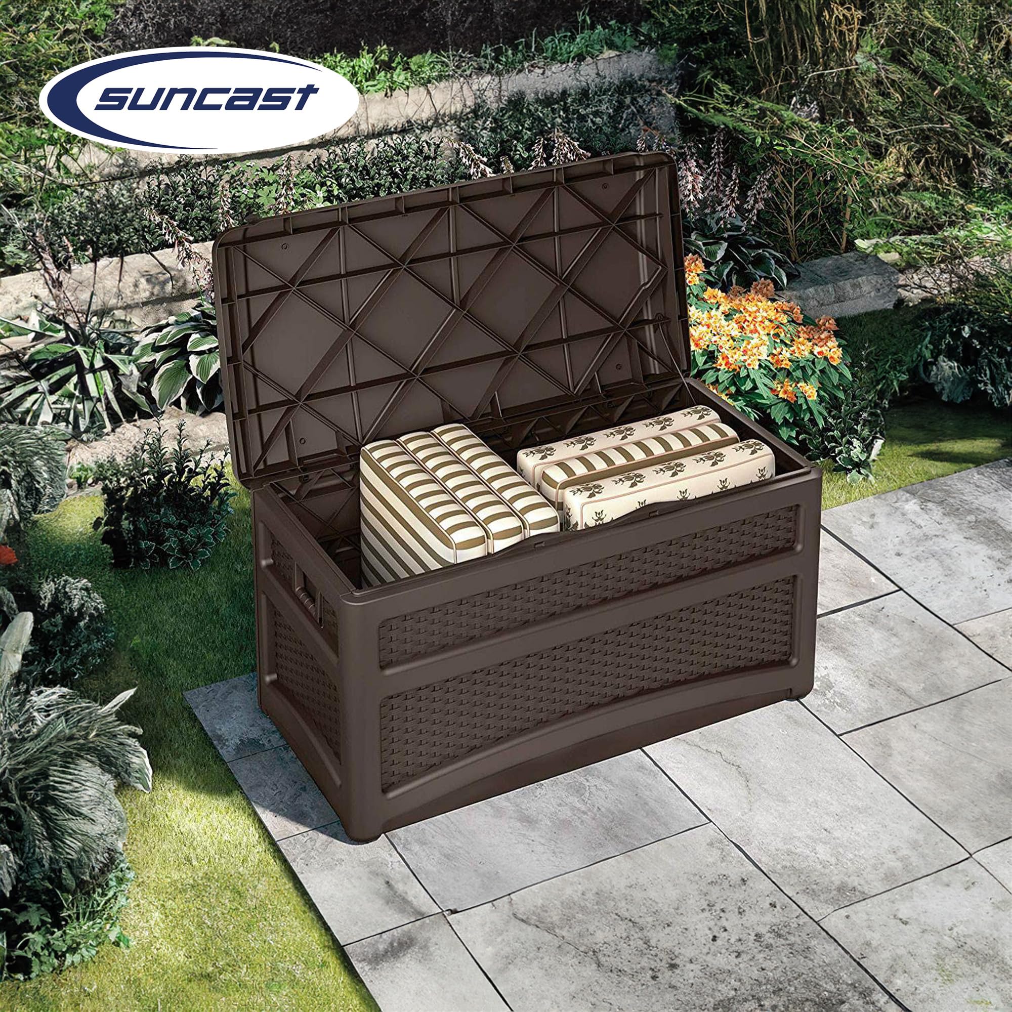 Suncast 73 Gallon Outdoor Patio Storage Chest with Handles & Seat - Java Brown (2 Pack) - Weatherproof Deck Box for Cushions, Pool Toys & Garden Tools Storage
