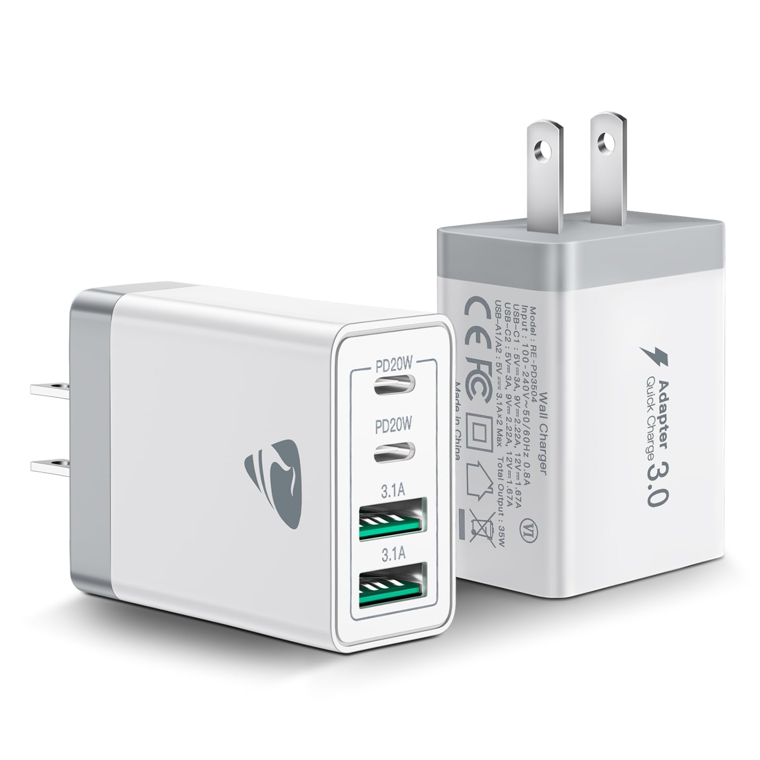 40W Fast Charging USB C Wall Charger Block 4-Port PD QC Adapter - Compatible with iPhone 15/14/13/12/11 Pro Max/XS/XR/8/7 & Samsung Galaxy - Perfect for Home, Office & Travel (2-Pack)