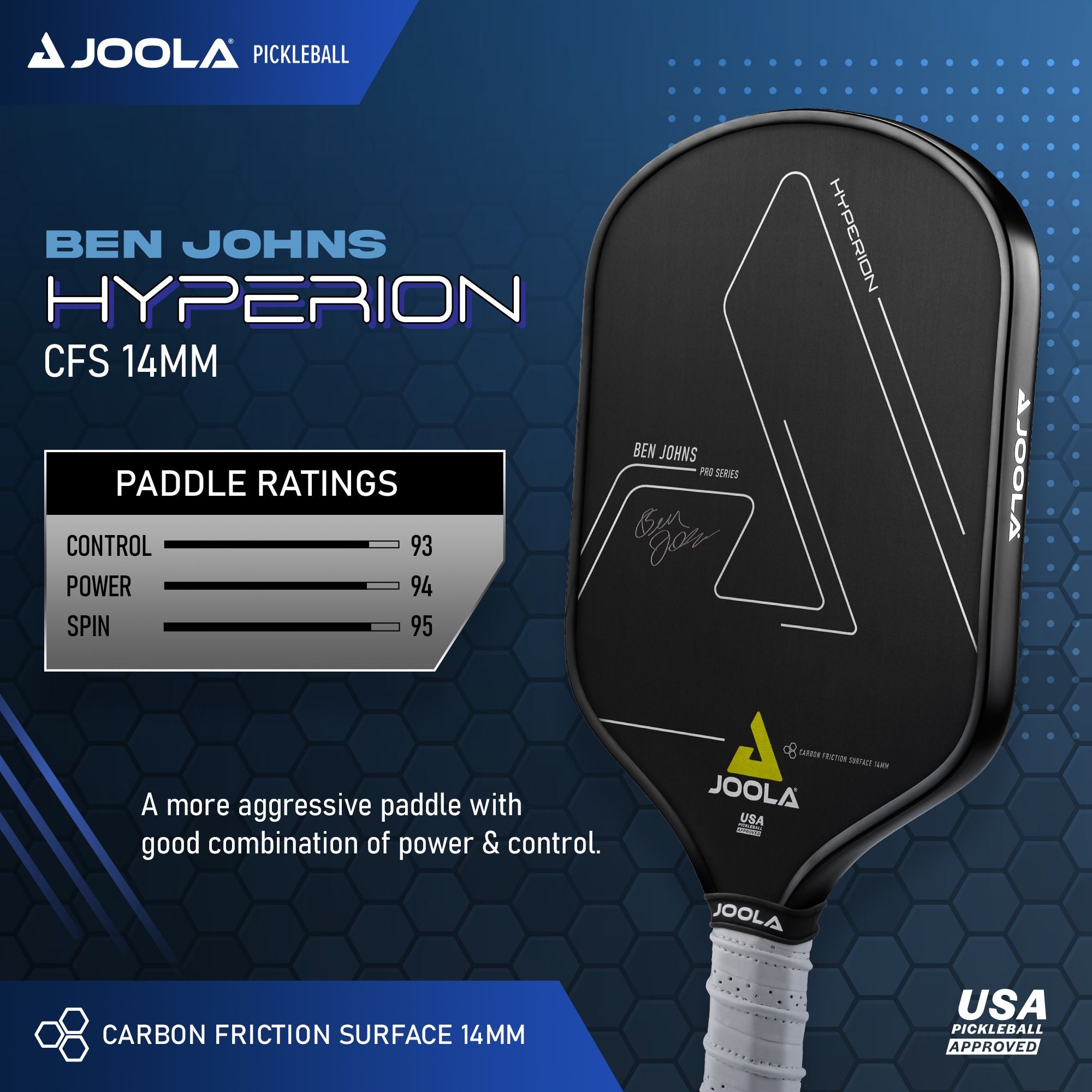 JOOLA Ben Johns Hyperion CFS Pickleball Paddle - Carbon Fiber Surface for Power & Control - Perfect for Competitive Play & Tournaments