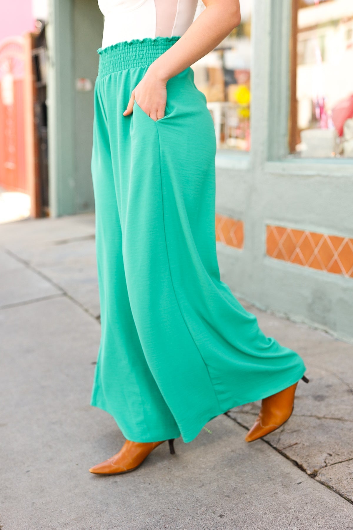 Just Dreaming Emerald Green Smocked Waist Palazzo Pants for Women - Comfortable Wide Leg Lounge Pants for Yoga, Travel & Casual Wear