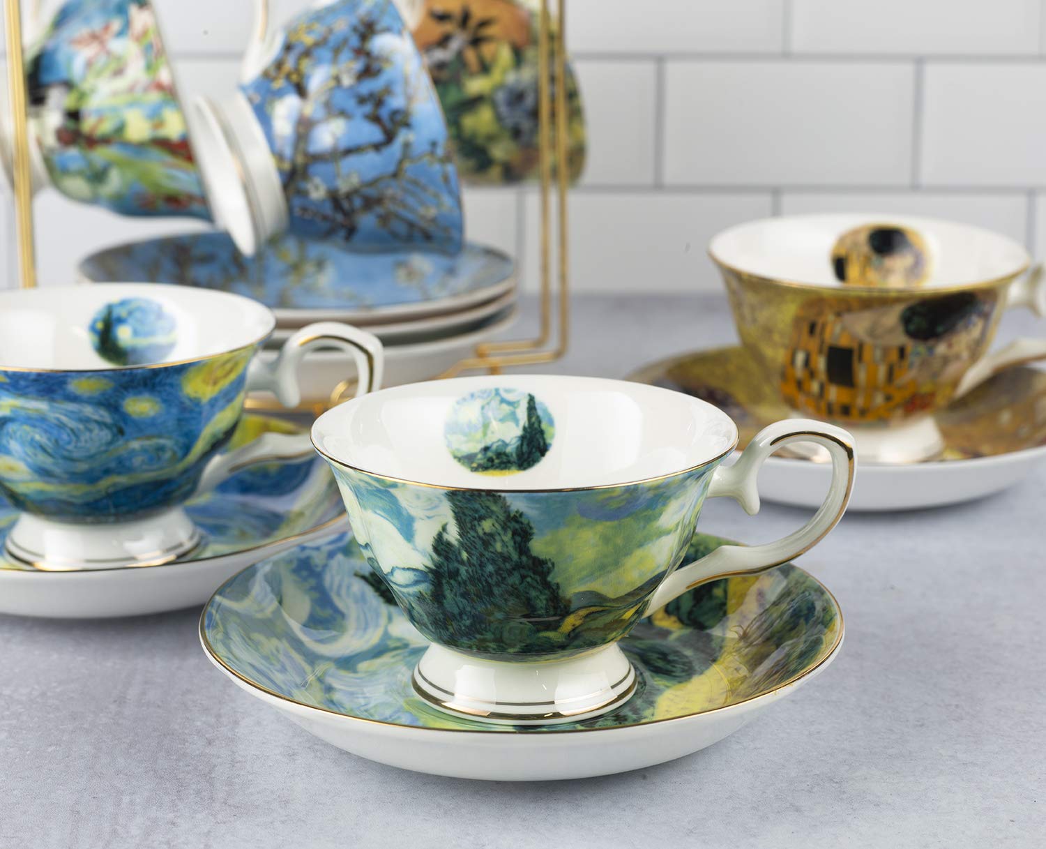 Van Gogh Bone China Coffee Cup and Saucer Set - 6-Piece 8-Oz Art Mugs with Display Rack & Gift Box - Elegant Tea & Coffee Serving Set for Home, Office, and Gifts