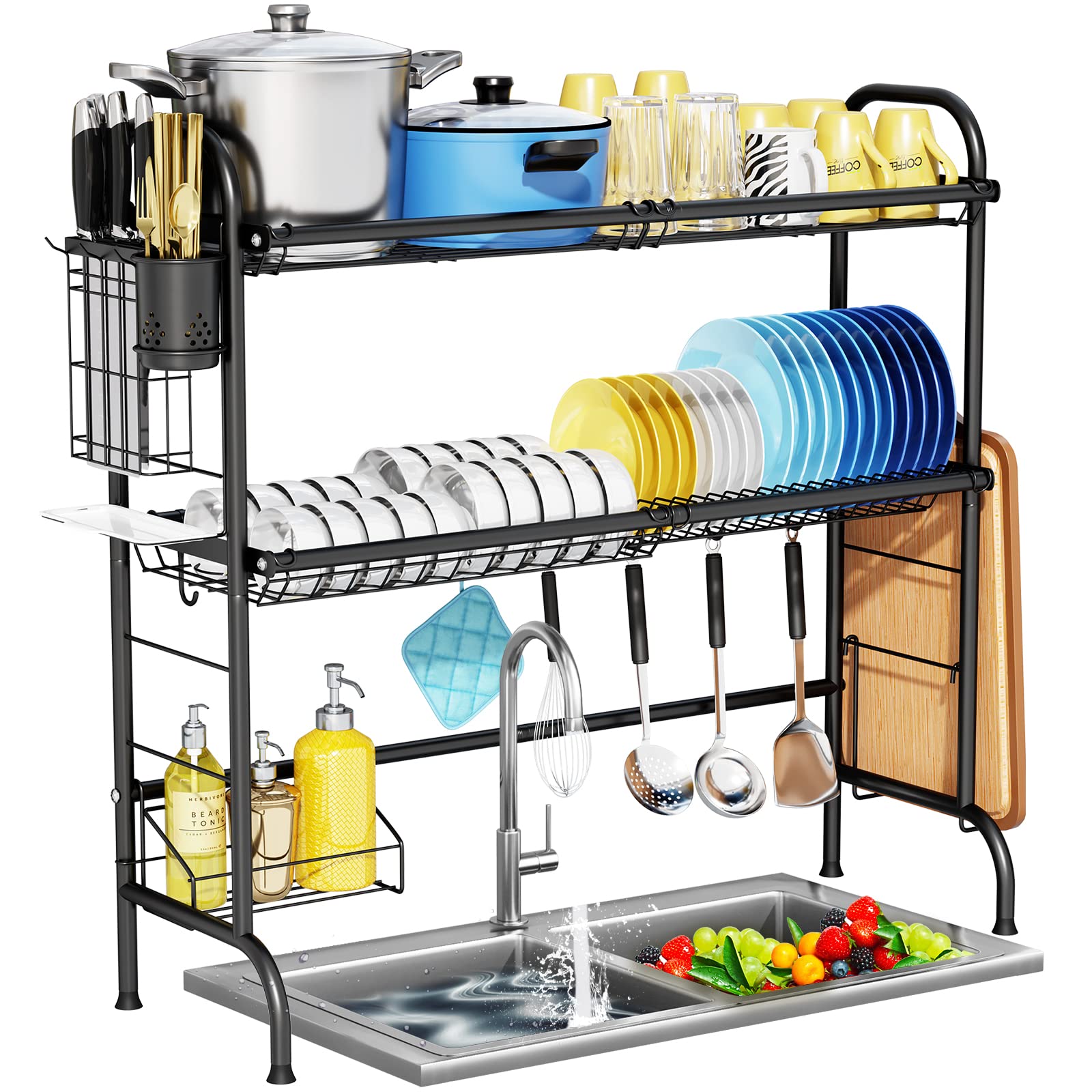 HOWDIA 3-Tier Stainless Steel Over The Sink Dish Drying Rack with Utensil Holder | Large Kitchen Counter Dish Drainer for Plates, Cups & Cookware | Space-Saving Solution for Small Kitchens & Apartments