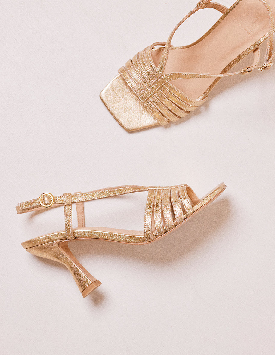 Golden Leather Ninon M Heeled Sandals for Women - Elegant Dressy Shoes for Parties, Weddings & Evening Events