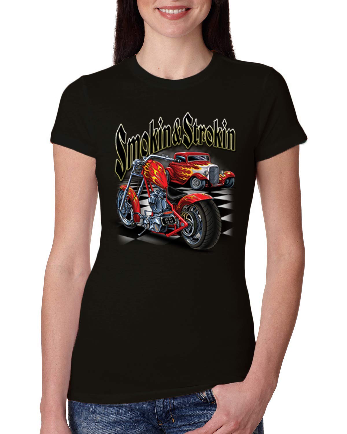 Vintage Red Hot Rod & Motorcycle Cars and Trucks Women's Slim Fit Junior T-Shirt - Retro Biker Style Tee for Casual Wear & Motorcycle Enthusiasts