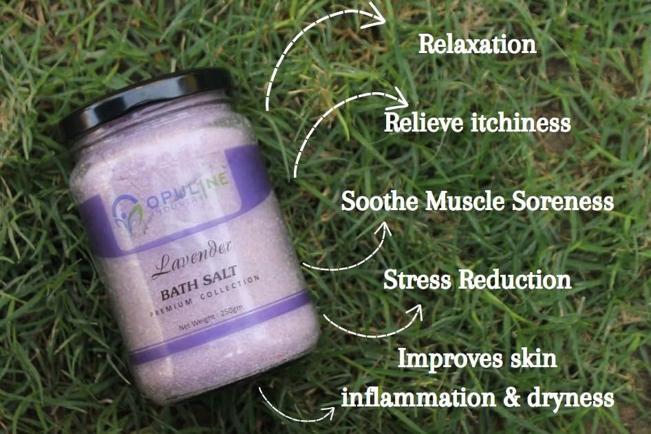 OPULINE INDUSTRY Lavender Bath Salt for Muscle Pain Relief & Relaxation | 100% Pure Epsom Salt, Himalayan Pink Salt & Essential Oils | 250g | Perfect for Stress Relief, Spa Nights & Post-Workout Recovery