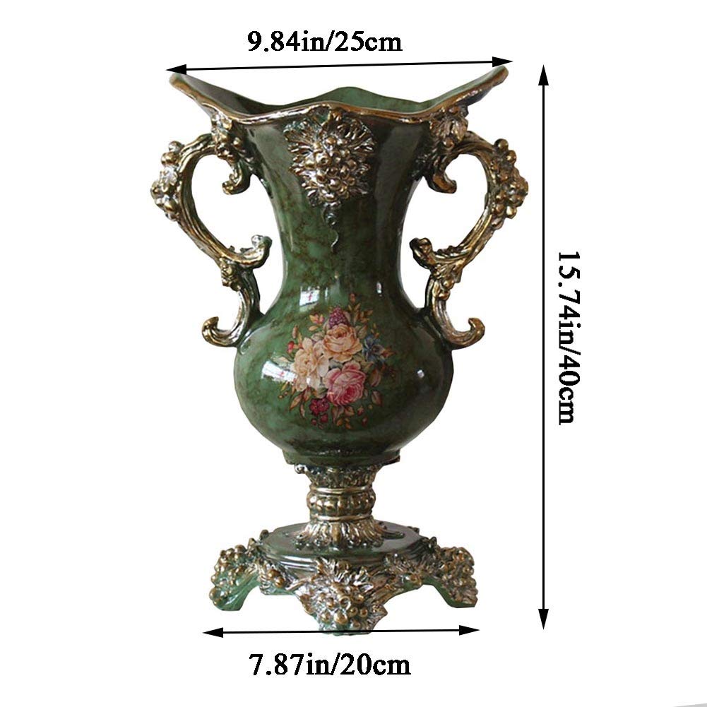 American-Style Farmhouse Resin Large Flower Vase - Hand-Painted Tall Decorative Vase for Home Decor (Green, 24×40×25cm) | Perfect for Living Room, Dining Table Centerpiece, Bedroom, Office & Hotel Decorations