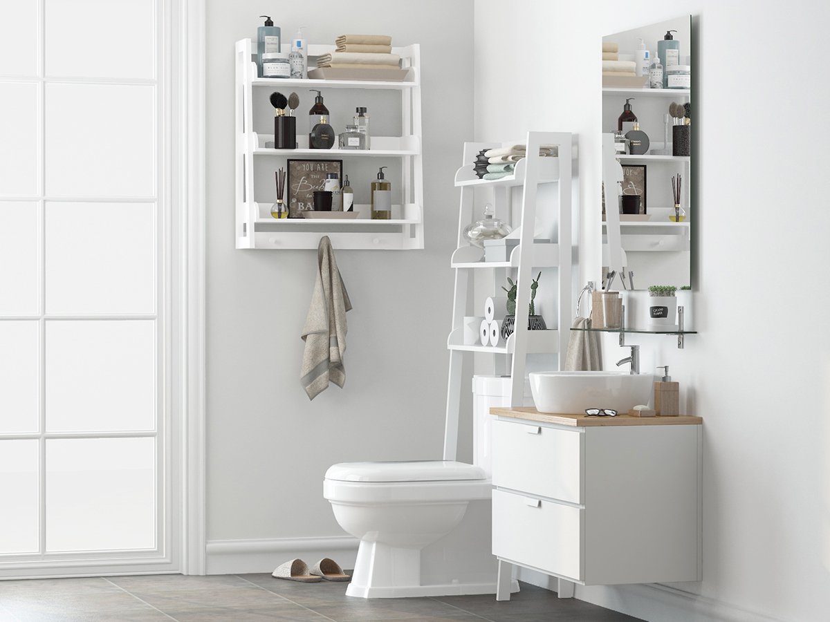 UTEX 3-Tier Over Toilet Storage Shelf Organizer - Bathroom Wall Mount Shelf with Hooks, White - Perfect for Small Bathroom Organization & Towel Storage