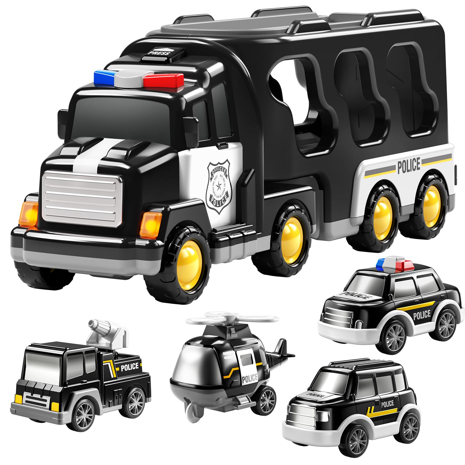 TEMI Police Toy Trucks for Kids Ages 3-7 - Interactive Transport Vehicle Carrier Playset for Toddlers & Preschoolers | Perfect Gift for Boys & Girls | Pretend Play, Birthday Party & Learning Scenarios