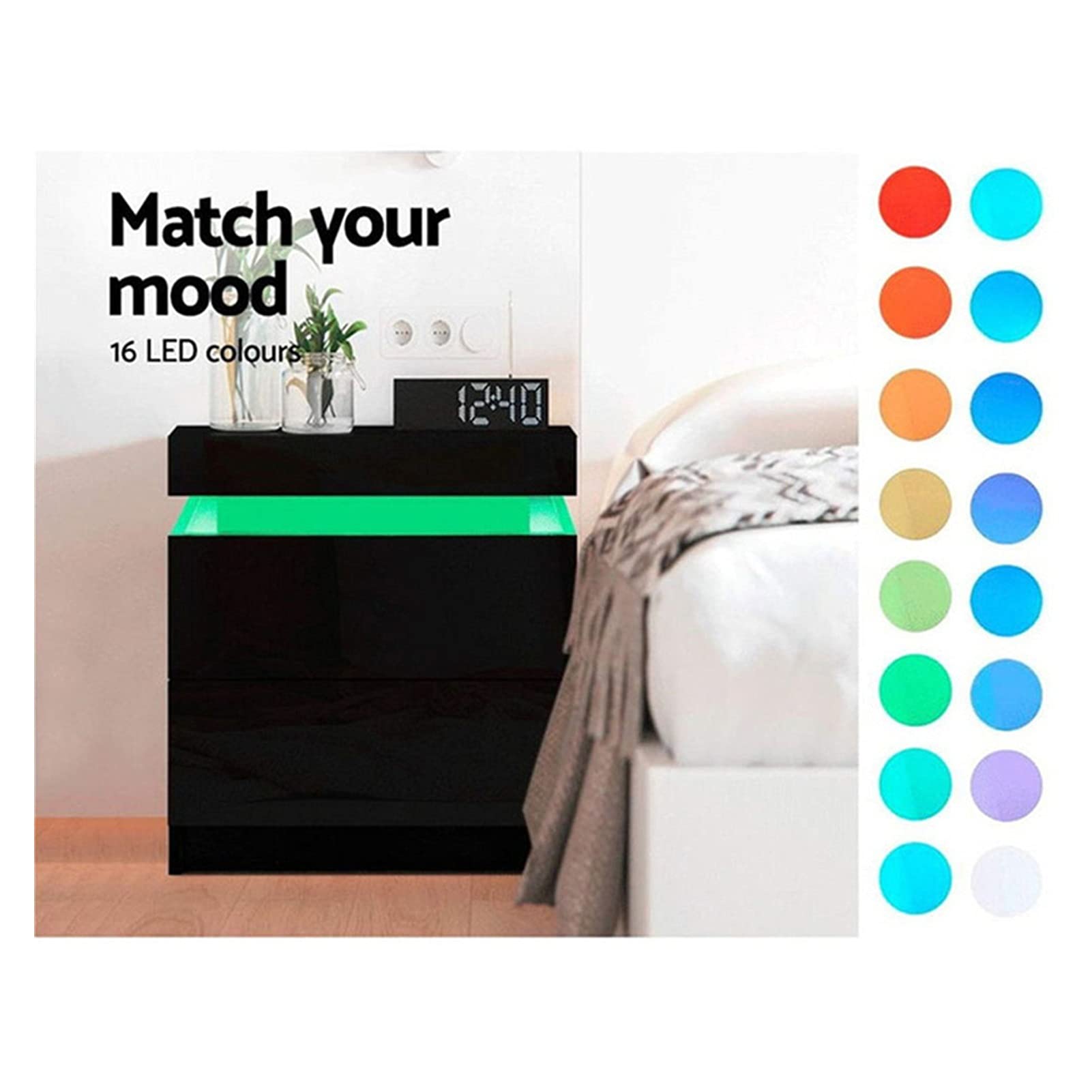Modern High Gloss Nightstand with RGB LED Lights - 2 Drawer Bedside Cabinet, Contemporary Bedroom Furniture (Black/White) - Perfect for Small Spaces, Dorm Rooms & Apartment Bedrooms