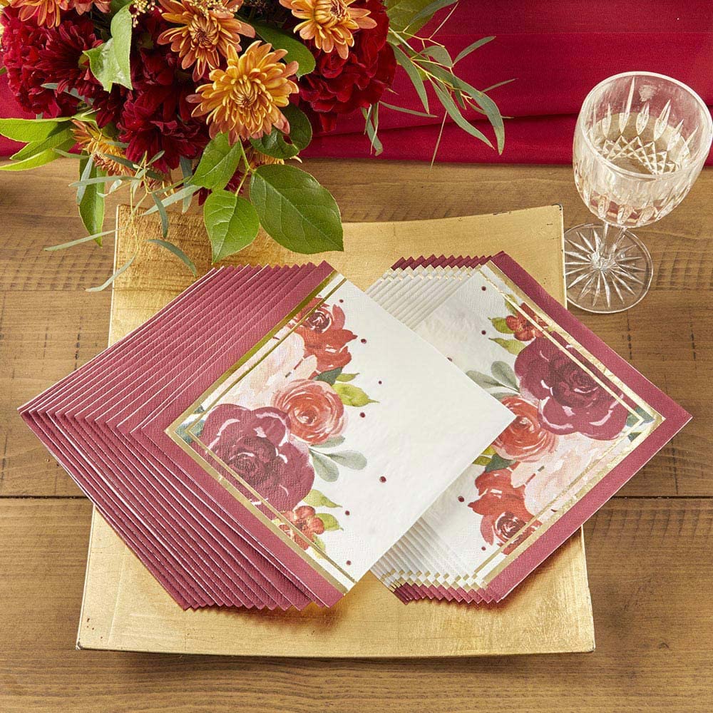 Kate Aspen 120-Count Burgundy Blush Floral Paper Napkins - 6.5 Inch 2-Ply Disposable Party Napkins for Weddings, Birthdays, Baby Showers & Anniversary Celebrations - Elegant Tableware for Dinner Parties, Bridal Showers & Special Events
