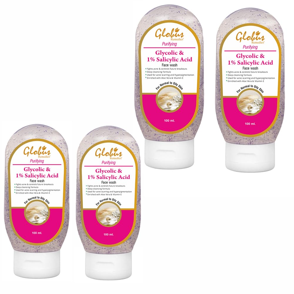 Globus Pimple Clear Face Wash with Glycolic & Salicylic Acid for Acne Treatment - 100ml (Pack of 4) | Deep Cleansing & Exfoliating Facial Cleanser for Oily & Sensitive Skin | Daily Skincare Routine for Teens & Adults