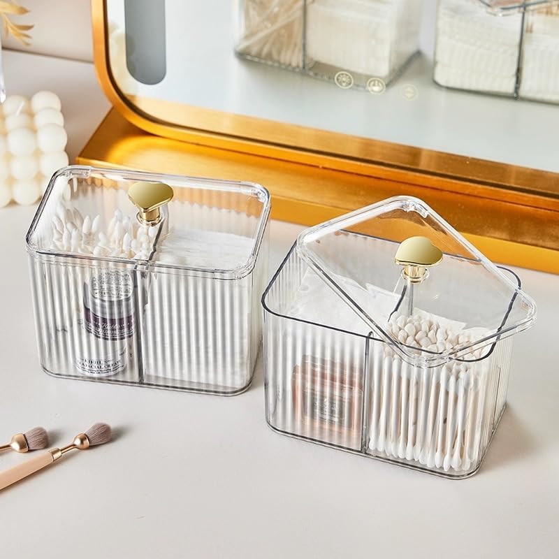 3-Section Cotton Ball & Swab Dispenser - Qtips Holder Bathroom Organizer with 3 Grids, Apothecary Jar for Vanity & Cosmetic Storage - Perfect for Bathroom Counter, Makeup Table & Travel Organizer