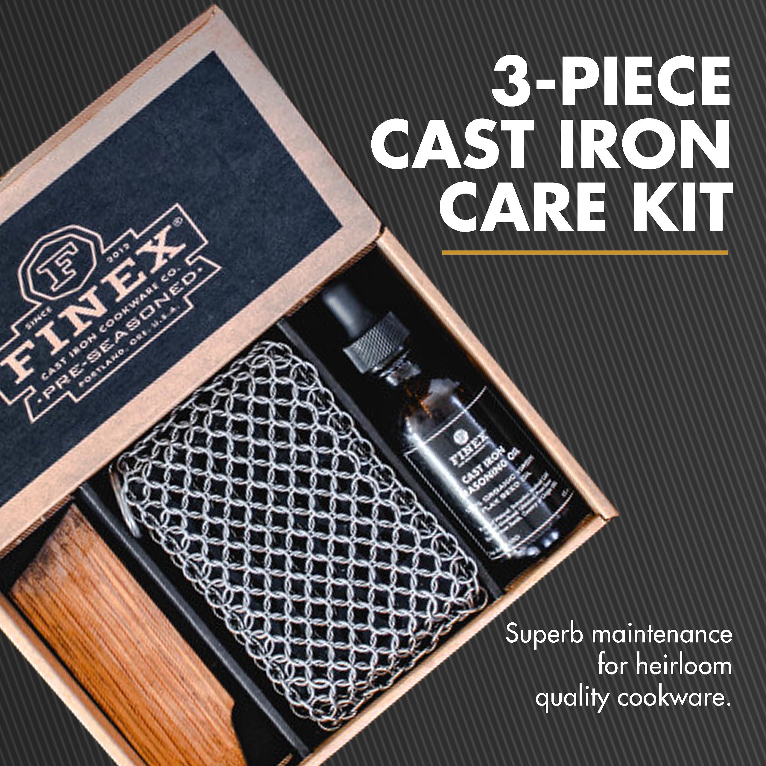 FINEX 3-Piece Cast Iron Care Kit - Seasoning, Cleaning & Maintenance for Cast Iron Pans & Skillets - Perfect for Cooking, Grilling & Outdoor Camping