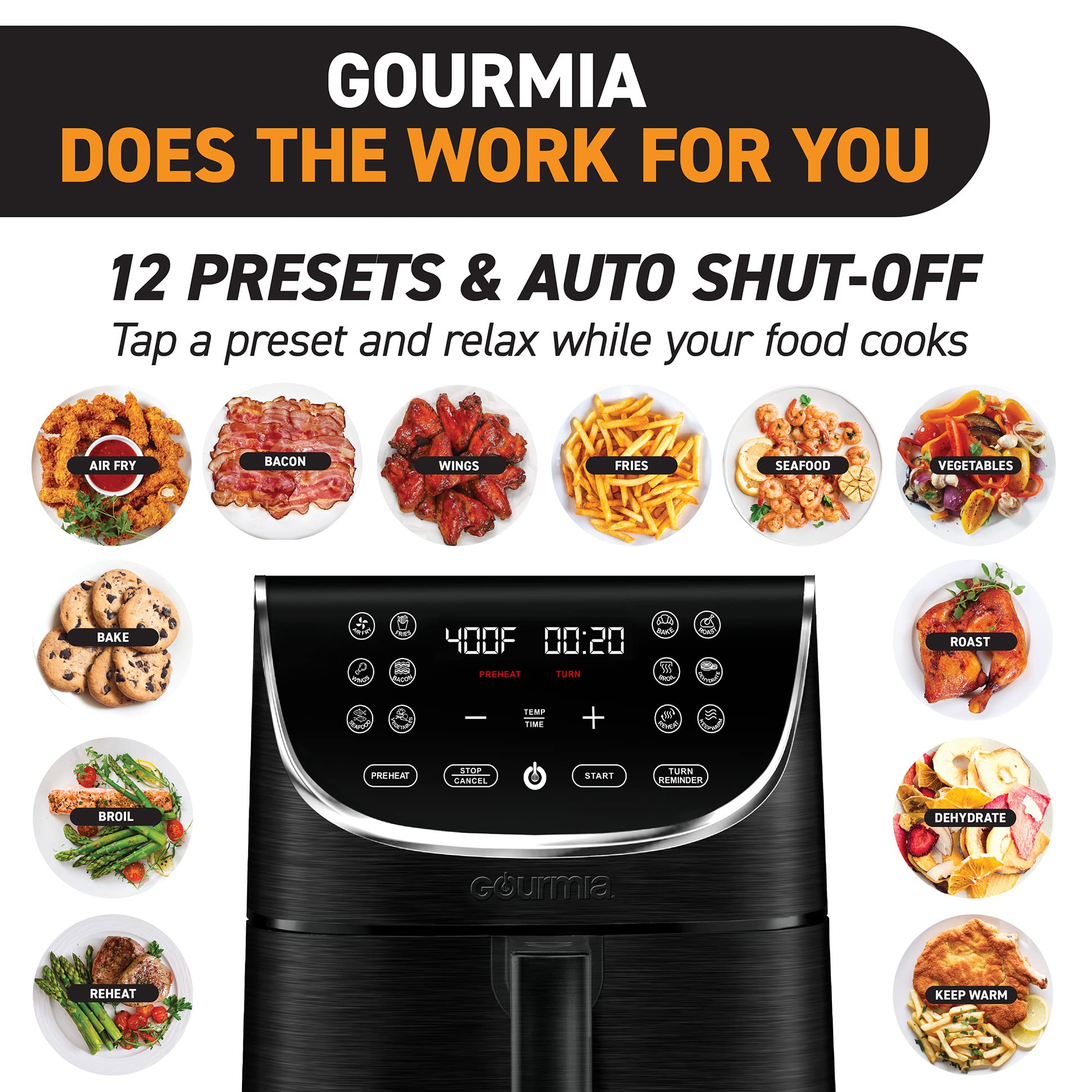 Gourmia GAF716 7 Quart Large Air Fryer Oven with Digital Display - 1700W Power, 12 Touch Cooking Presets, XL Air Fryer Basket & FRY FORCE 360° Technology - Black & Stainless Steel - Perfect for Healthy Frying, Baking, Roasting & Reheating Family Meals