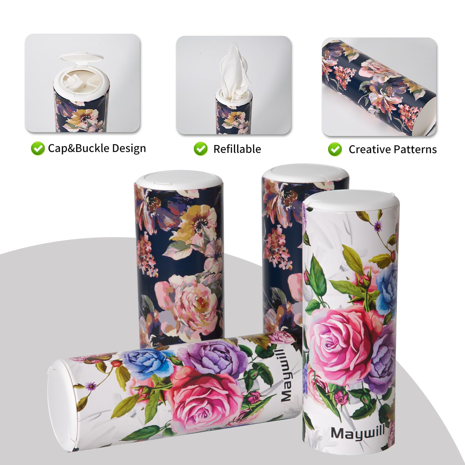 4-Pack Round Car Tissue Holder with Cap, Travel Tissue Tube for Car Cup Holder, Compact Facial Tissue Container for Car, Home, Office, and On-the-Go Use