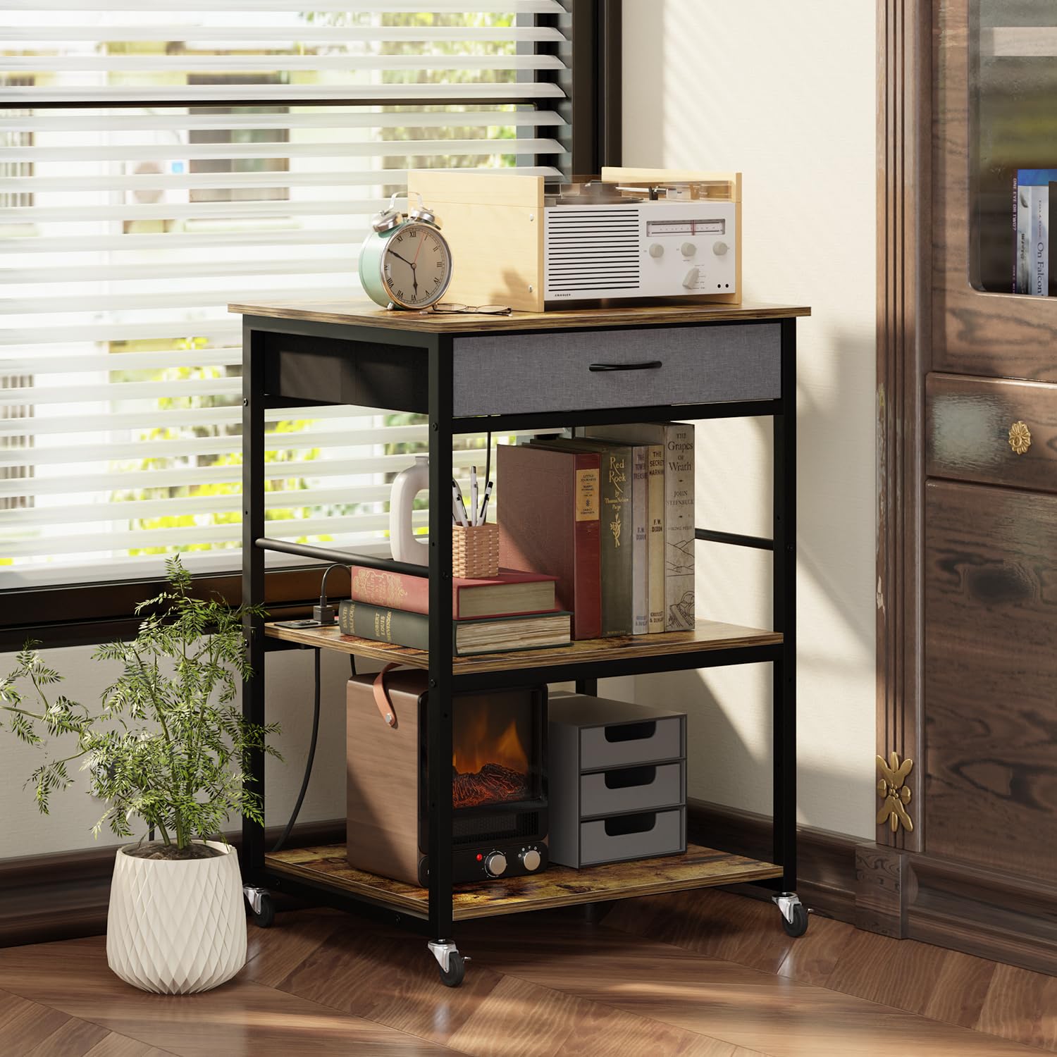 3-Tier Adjustable Printer Stand with Drawers, Wheels & Power Outlets - Large Rolling Printer Cart with USB Ports & Storage Shelf for Home Office Organization - Perfect for Laser/Inkjet Printers, Scanners & Office Equipment (Brown)