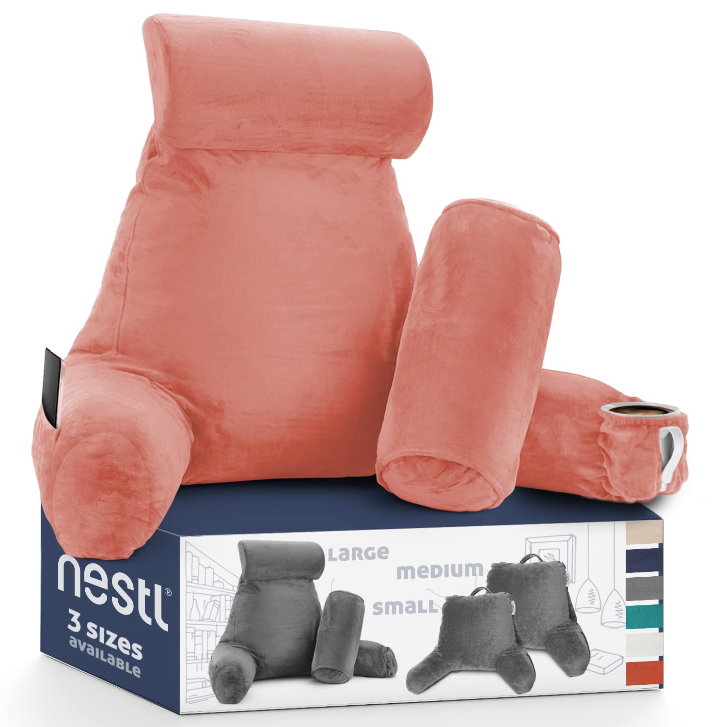 Nestl Reading Pillow with Pockets - Large Shredded Memory Foam Back Support Pillow for Sitting in Bed, Armchair or Floor - Perfect for Reading, Relaxing & Watching TV - Misty Rose Color (Bed Rest Pillow with Storage)
