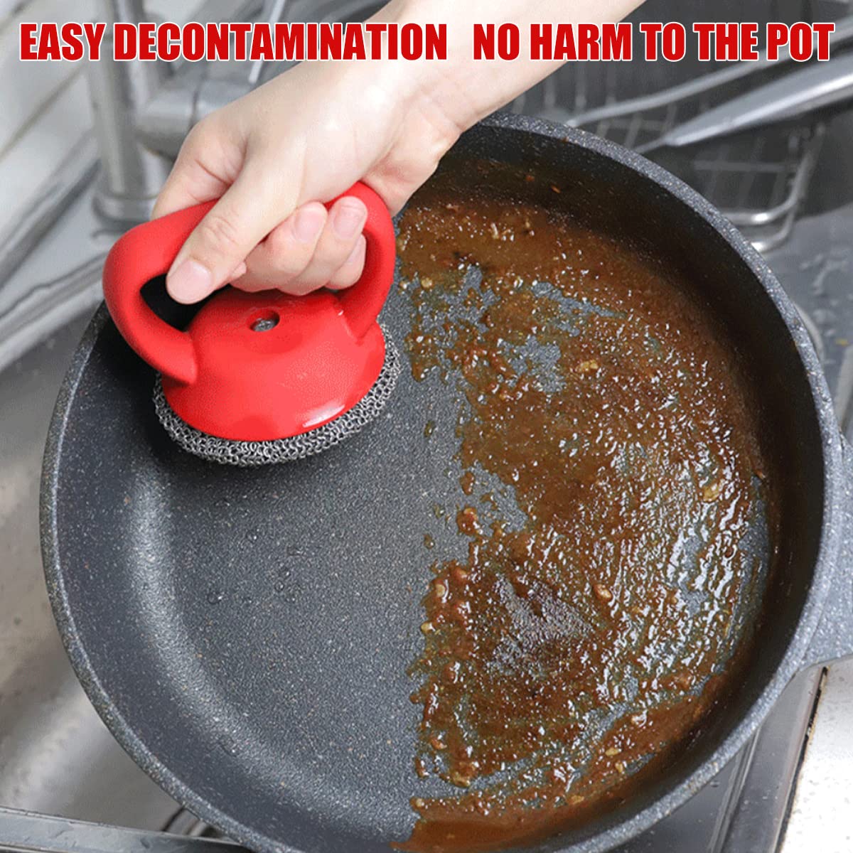 316 Stainless Steel Cast Iron Scrubber with Handle - Heavy Duty Chainmail Scrubber for Pots, Pans, Bakeware & Grills - Rustproof Steel Wool Alternative for Kitchen Cleaning & Outdoor BBQ Maintenance