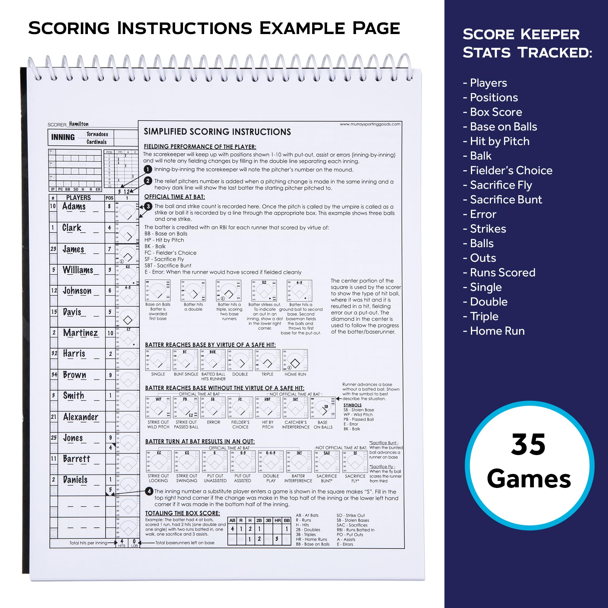 Murray Sporting Goods Baseball & Softball Scorebook - 5-Pack Scorekeeping Book for 35 Games | Track Stats for Adult, Youth & Little League | Perfect for Coaches, Umpires & Tournament Organizers
