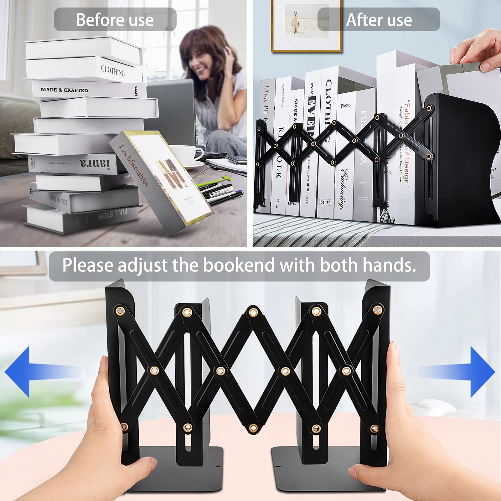 Non-Slip Metal Bookends for Home & Office - Carooyac Adjustable Heavy Duty Book Holder, Kids Bookshelf Organizer & Magazine Stand - Perfect for Desks, Shelves & Study Rooms