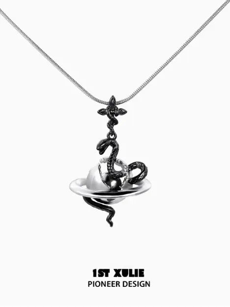 18k Platinum Plated Snake Bite Serpent Link Pendant Necklace - White & Black Entwined Design for Gothic Jewelry Lovers | Perfect for Halloween, Dark Fashion & Statement Accessories